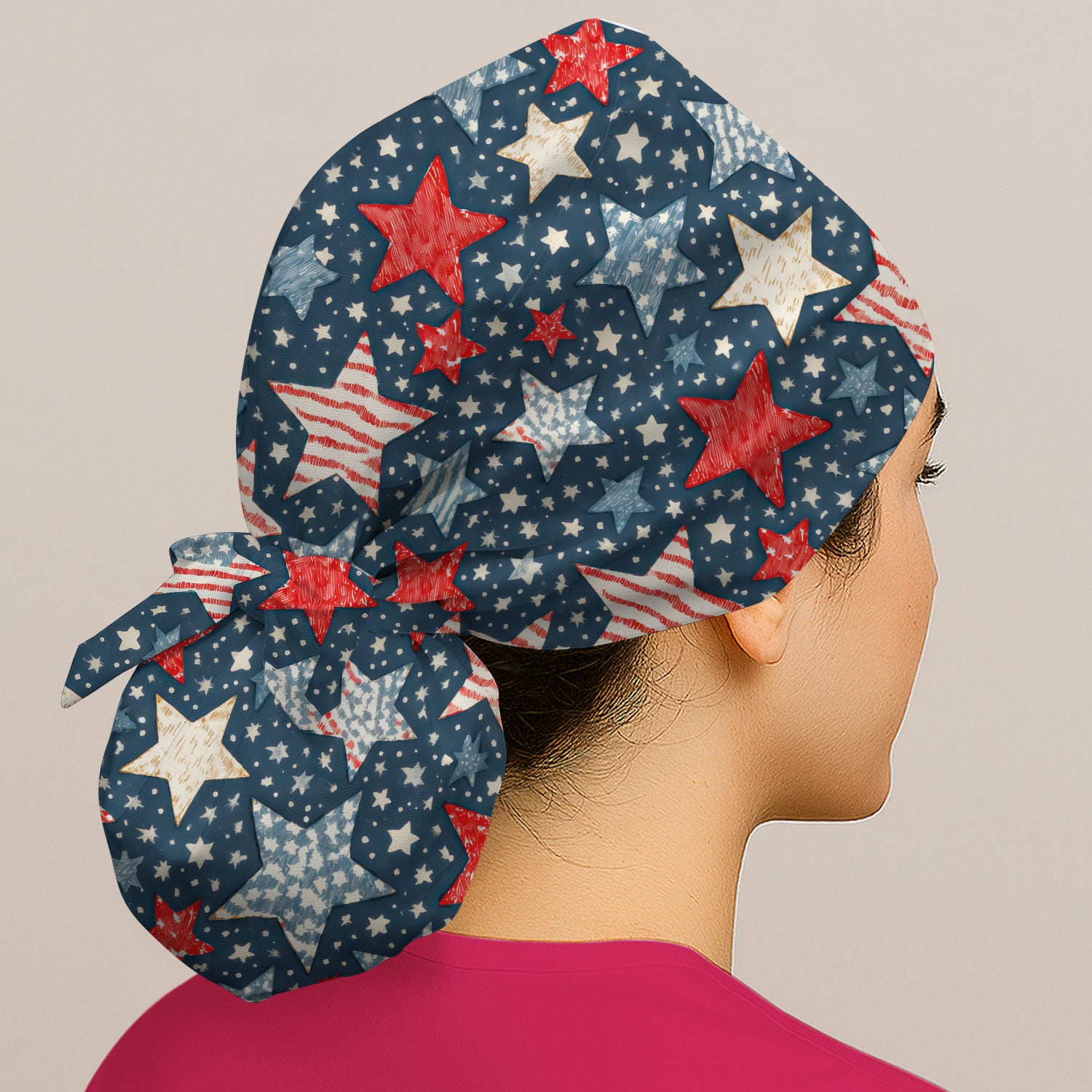 Patriotic Star Pattern Scrub Cap, Breathable Fabrics Caps Uniform