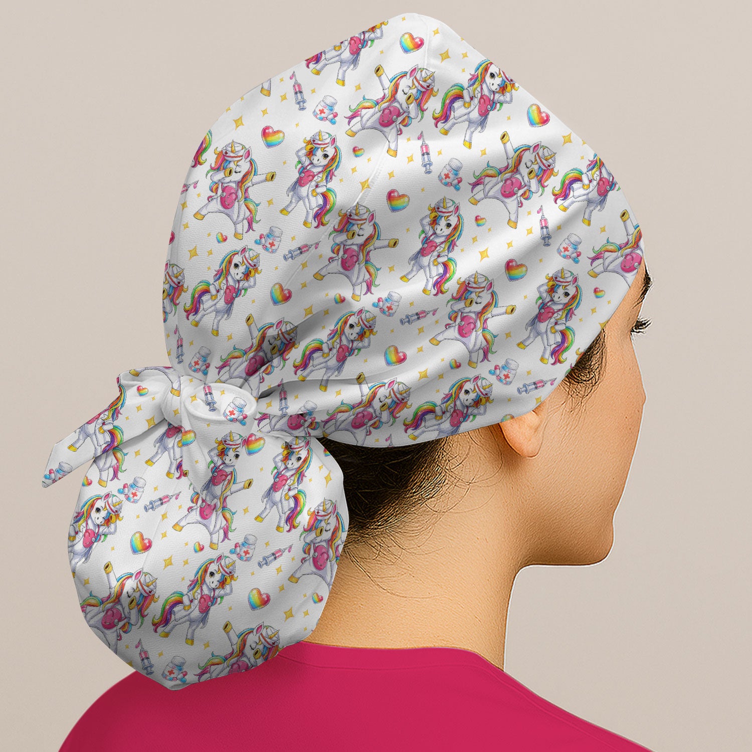 Playful Nurse Unicorn Rainbow Pattern Cap, Bouffant Scrub Caps for Women