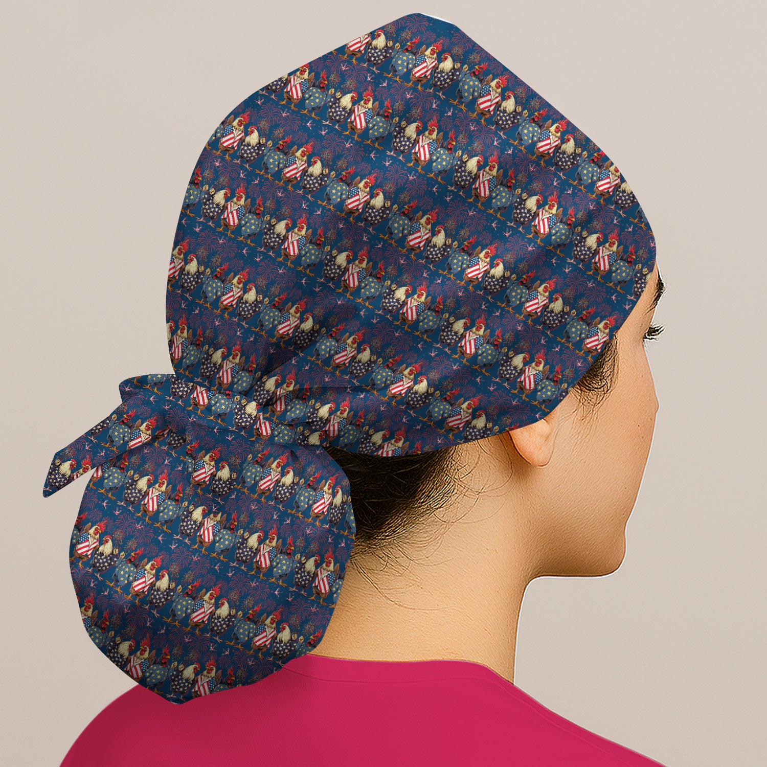 Patriotic Rooster Fireworks Pattern Cap, Bouffant Scrub Caps for Women
