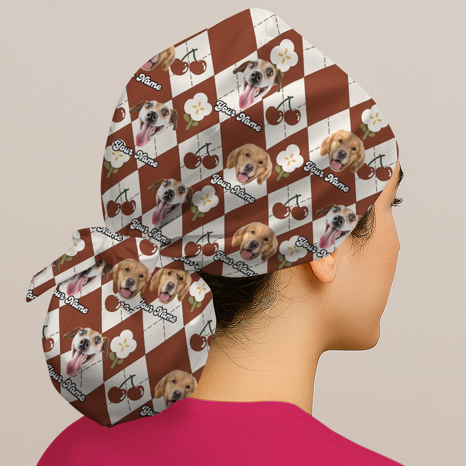 Custom Dog Face Scrub Cap, Playful Dog Cherry Argyle Pattern, Surgical Caps for Doctors