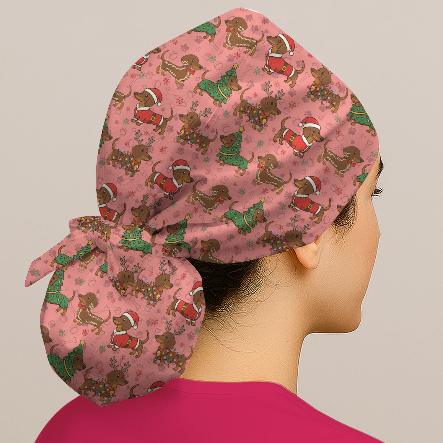 Christmas Dachshund Scrub Cap - Sausage Dog Wiener Holiday Surgical Hat Multi Color - Xmas Gift for RN CNA LPN