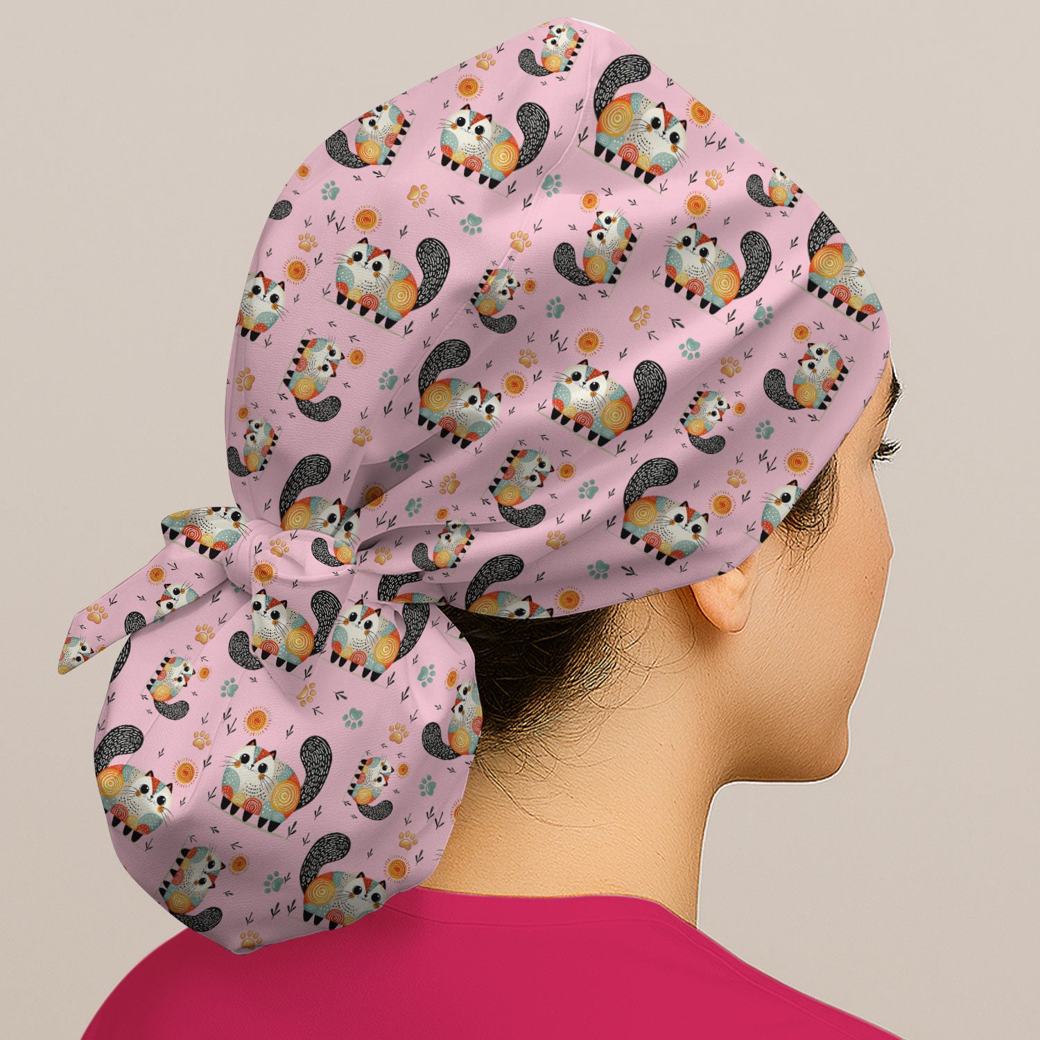 Playful Cat Illustration Scrub Cap, Bouffant Scrub Caps for Women