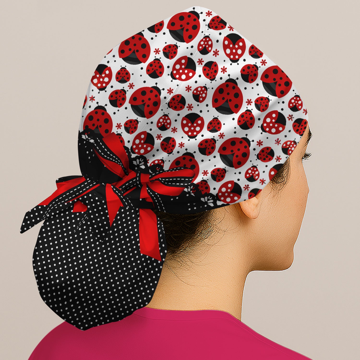 Cute Ladybug Red Ribbon Polka Pattern Scrub Cap, Surgical Caps for Doctors
