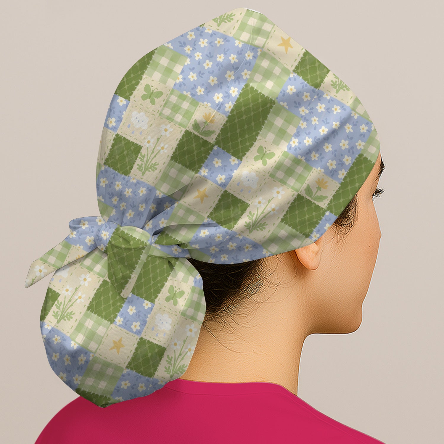 Green Patchwork Clover Floral Pattern Scrub Cap, Breathable Fabrics Caps Uniform