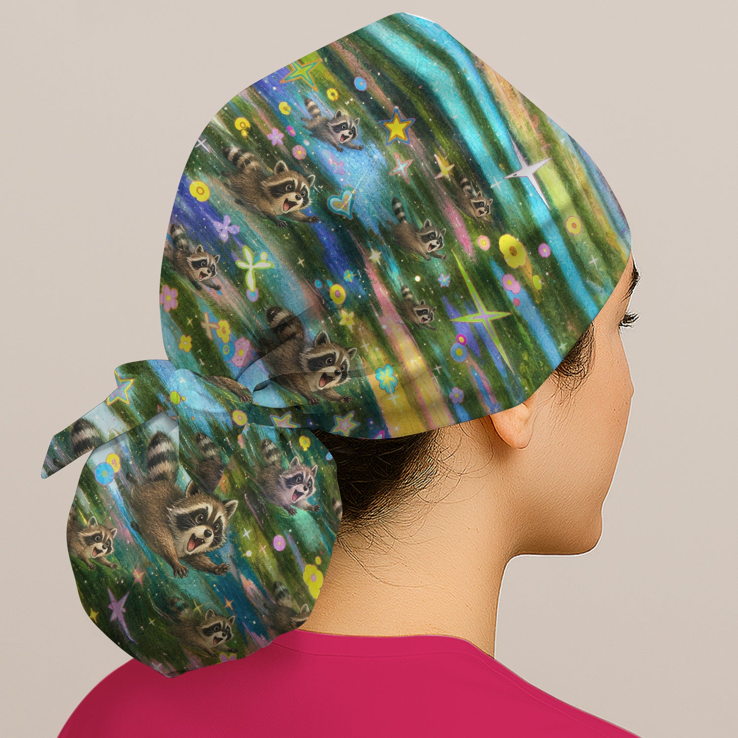 Cute Raccoon Rainbow Dash Pattern Scrub Cap, Surgical Caps for Doctors