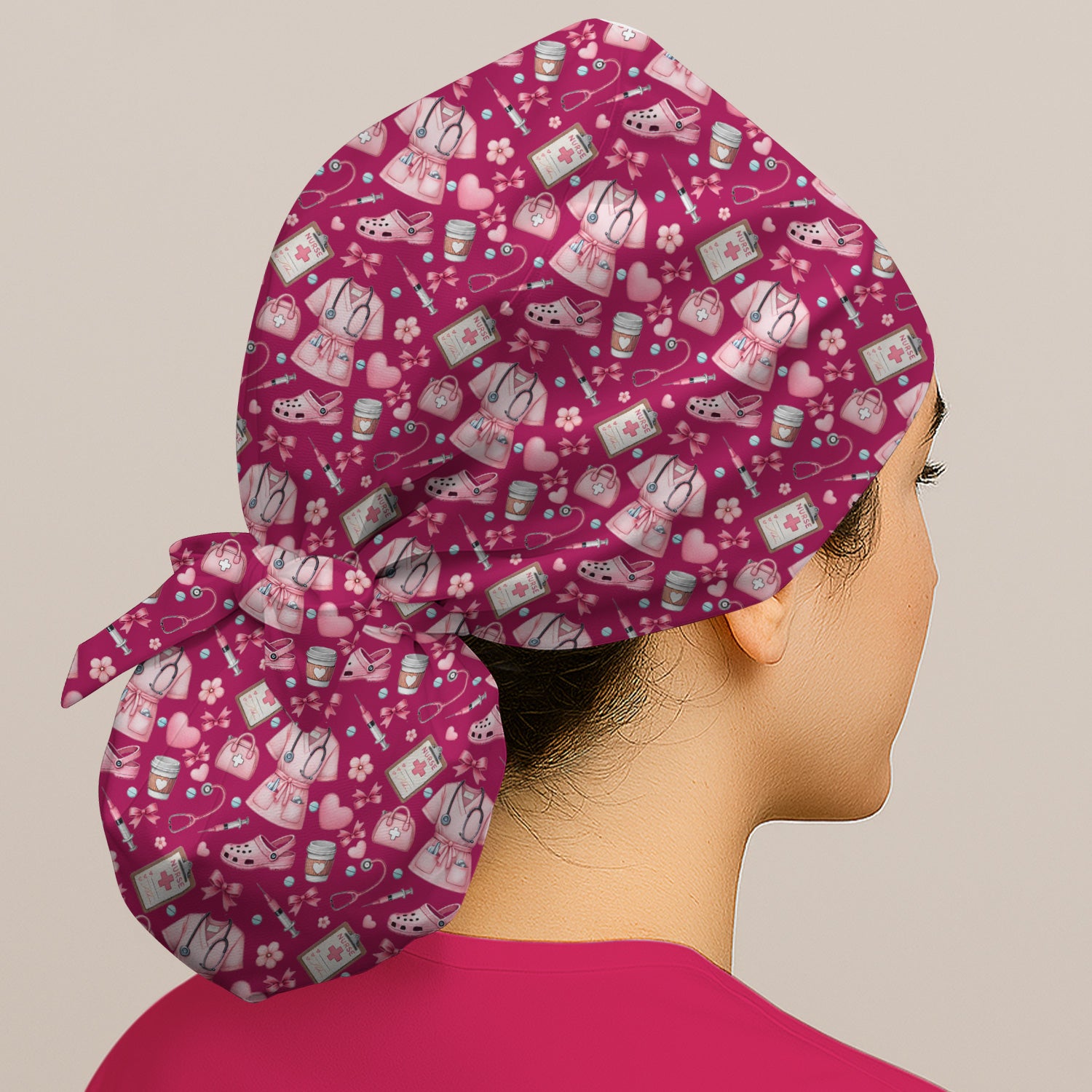 Valentine Pink Nurse Icons Print Scrub Cap, Bouffant Scrub Caps for Women