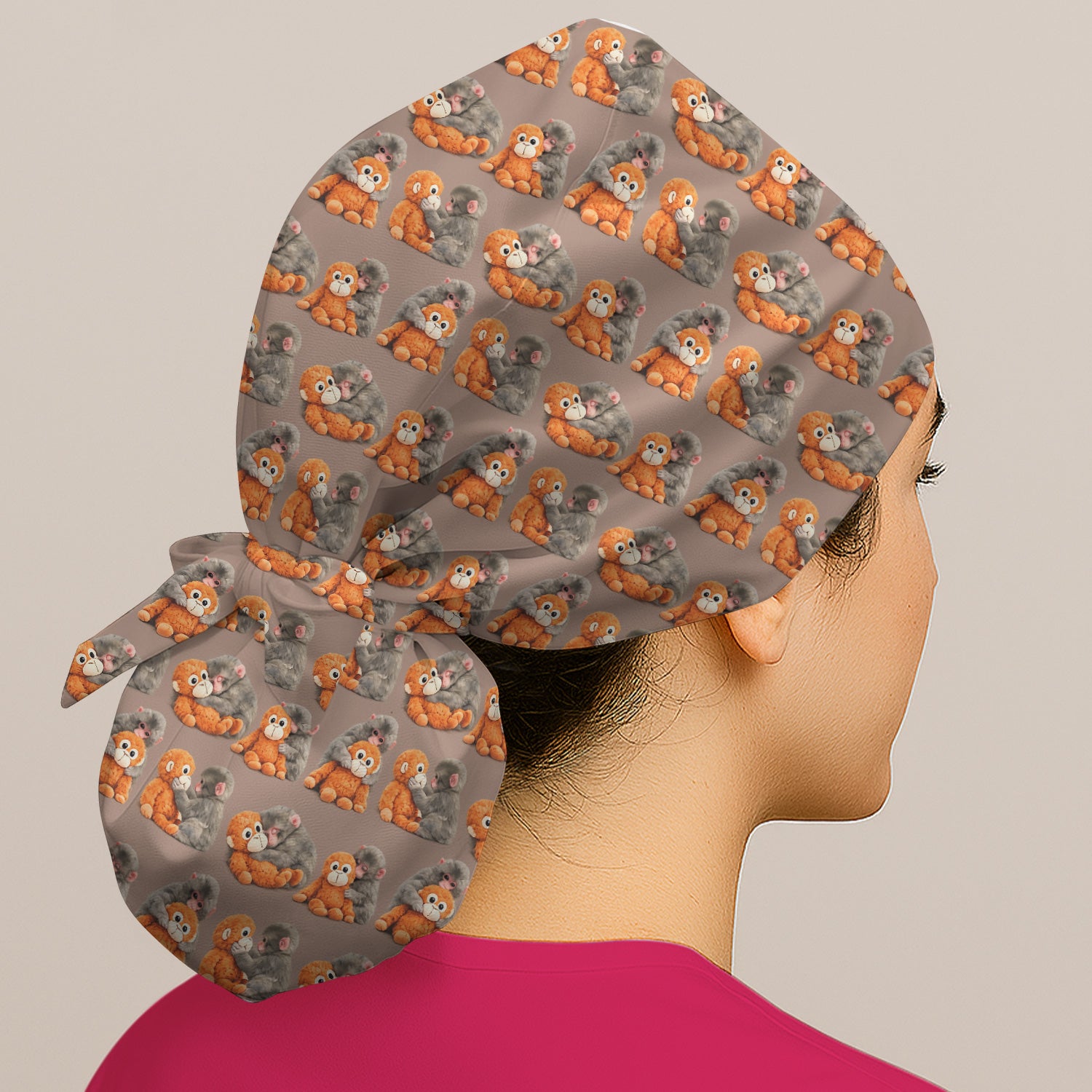 Cute Baby Monkey Plush Toy Animal Pattern Print Cap, Adjustable Nurse Surgical Cap