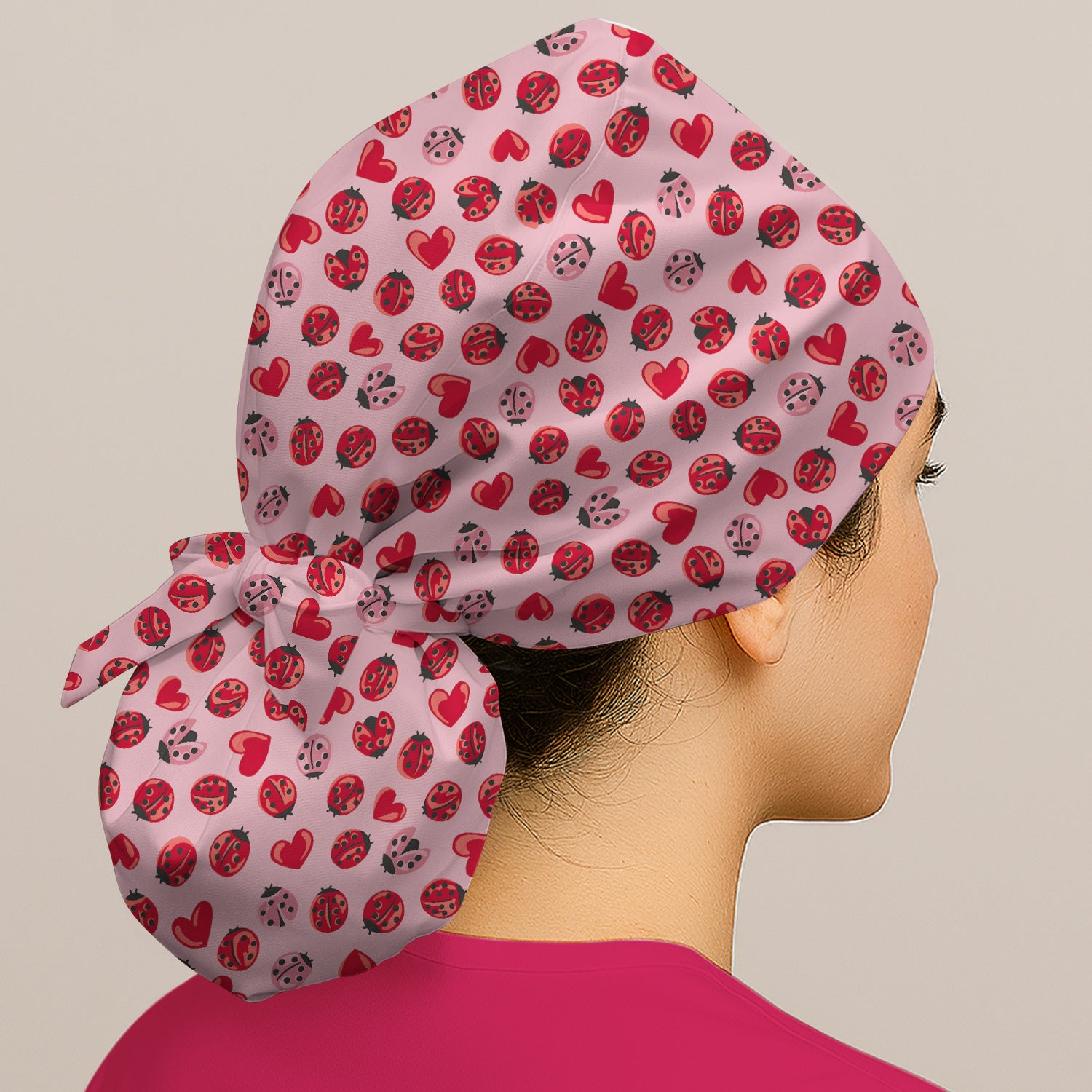Cute Ladybug and Red Heart All Over Print Cap, Bouffant Scrub Caps for Women