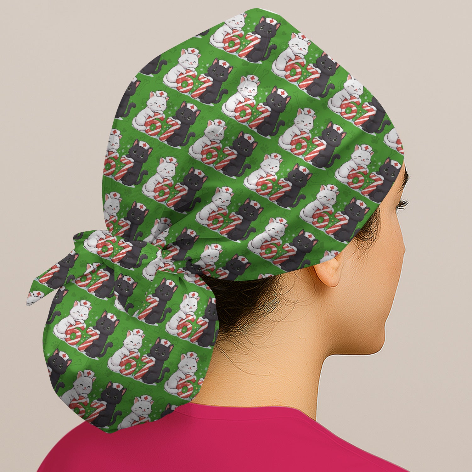 Xmas Cat Pattern Scrub Cap, Christmas Nurse Six Seven With Cat Scrub Hat, Breathable Fabrics Nursing Uniform