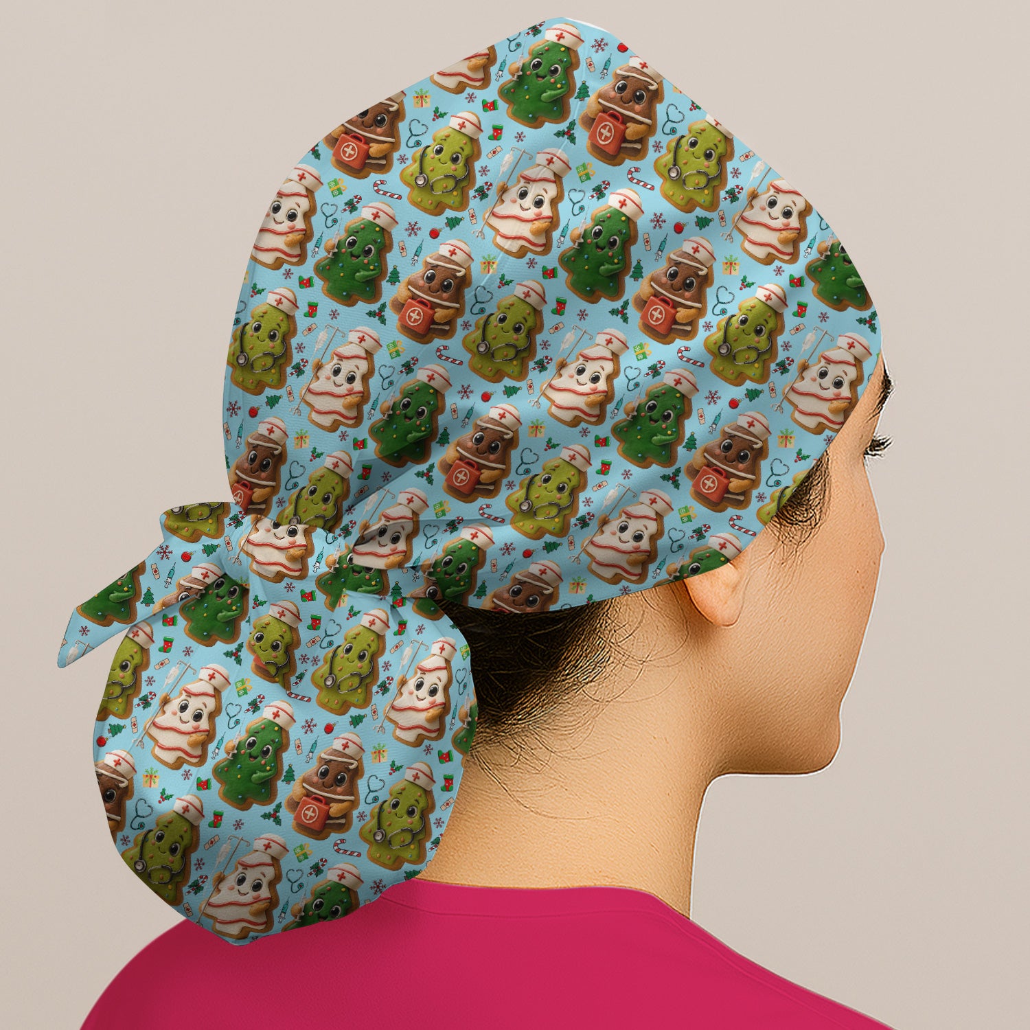 Christmas Cookie Scrub Cap – Festive Nurse & Holiday Tree Pattern – Cute Medical Uniform for Nurses, Vets and Healthcare Workers