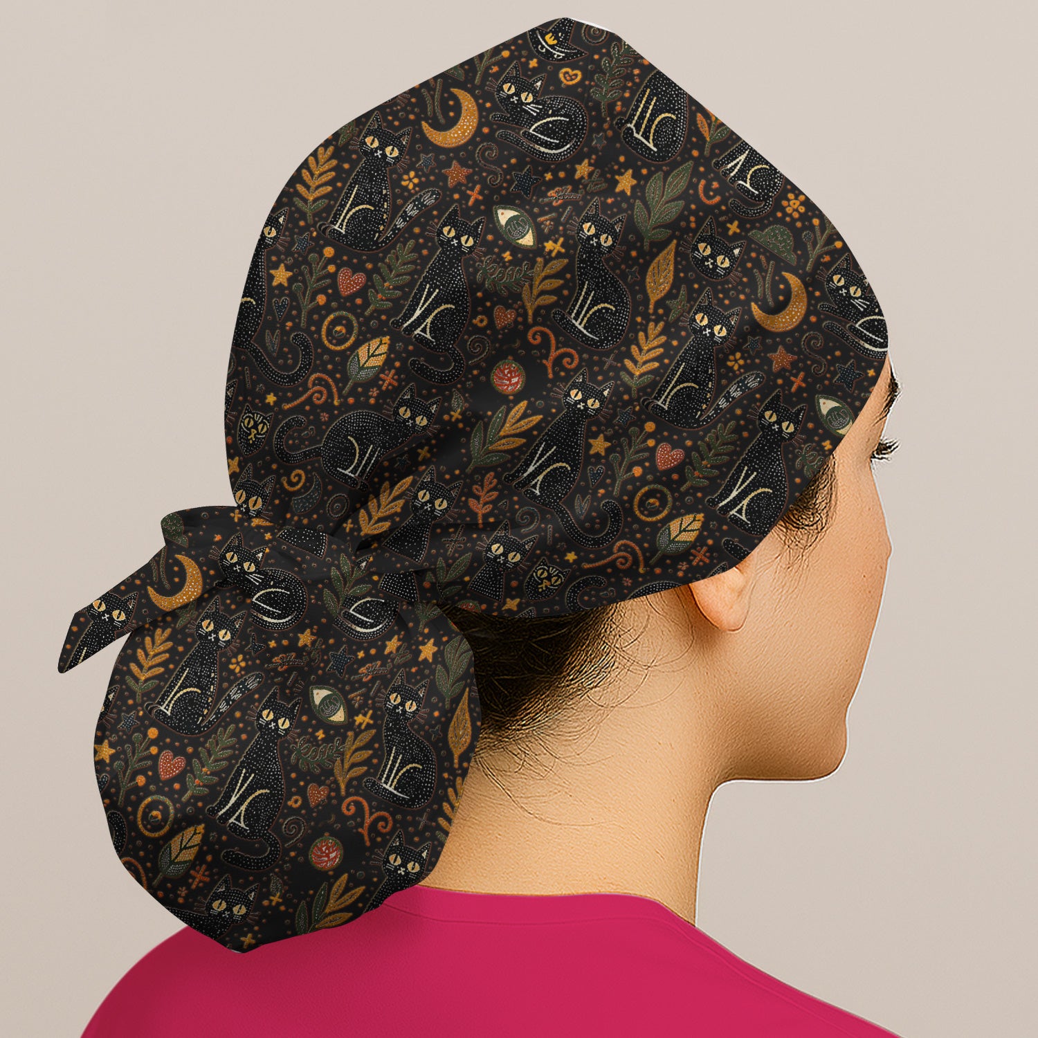 Mystic Black Cat Celestial Doodle Pattern Cap, Bouffant Scrub Caps for Women