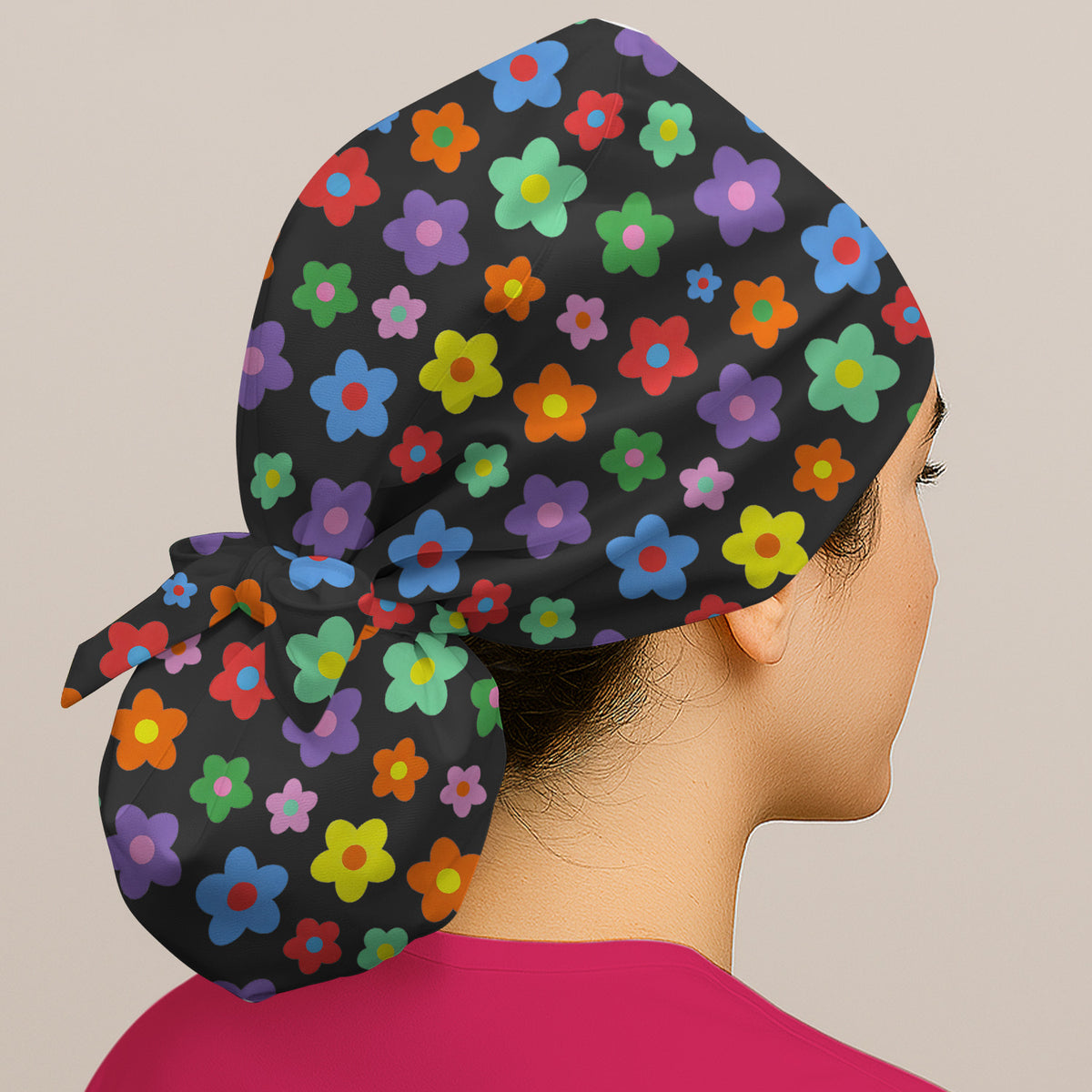 Colorful Retro Flower Pattern Print Scrub Cap, Surgical Caps for Doctors