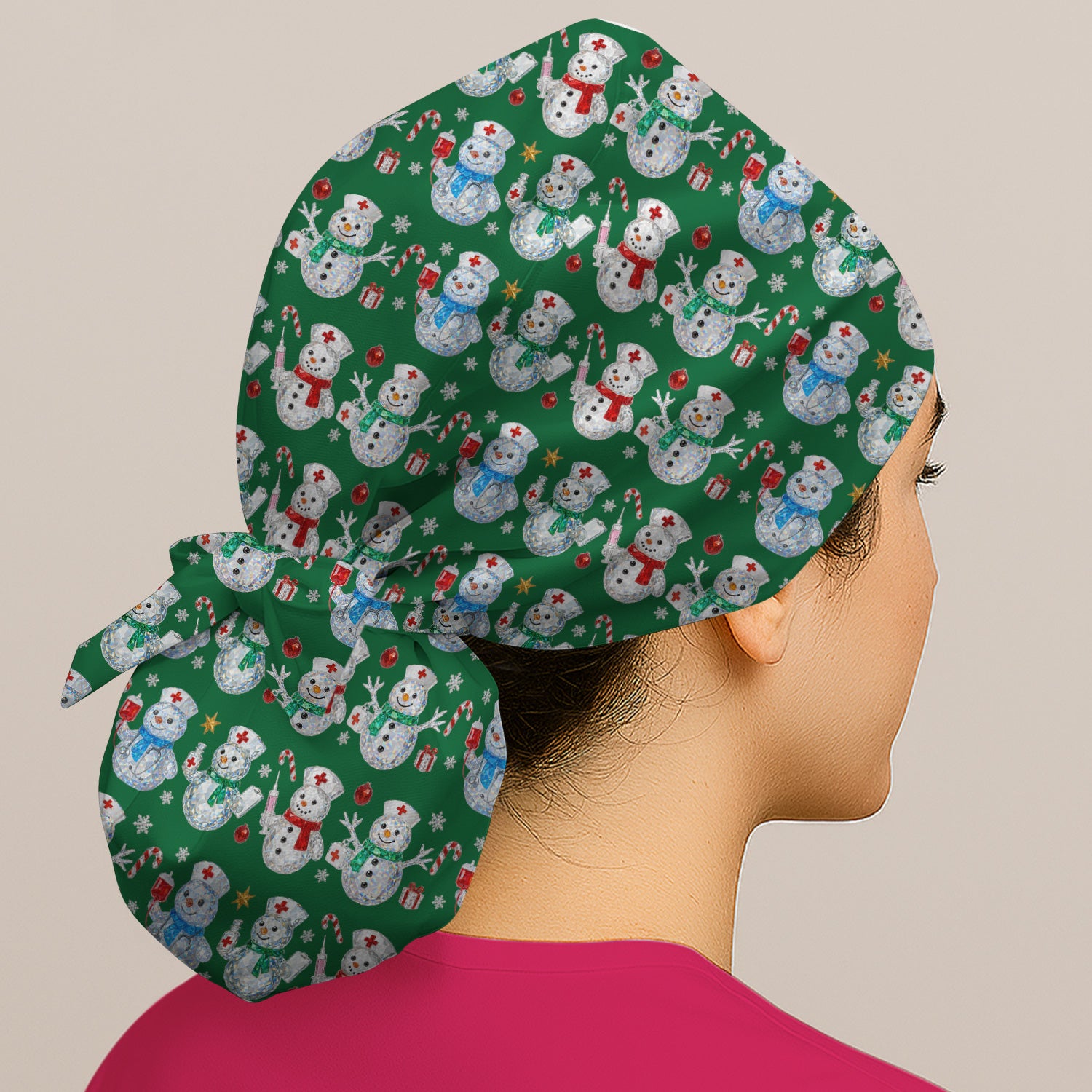 Nurse Snowman Christmas Scrub Cap, Cute Holiday Medical Pattern Hat For Women, Winter Snowflake Nursing Uniform