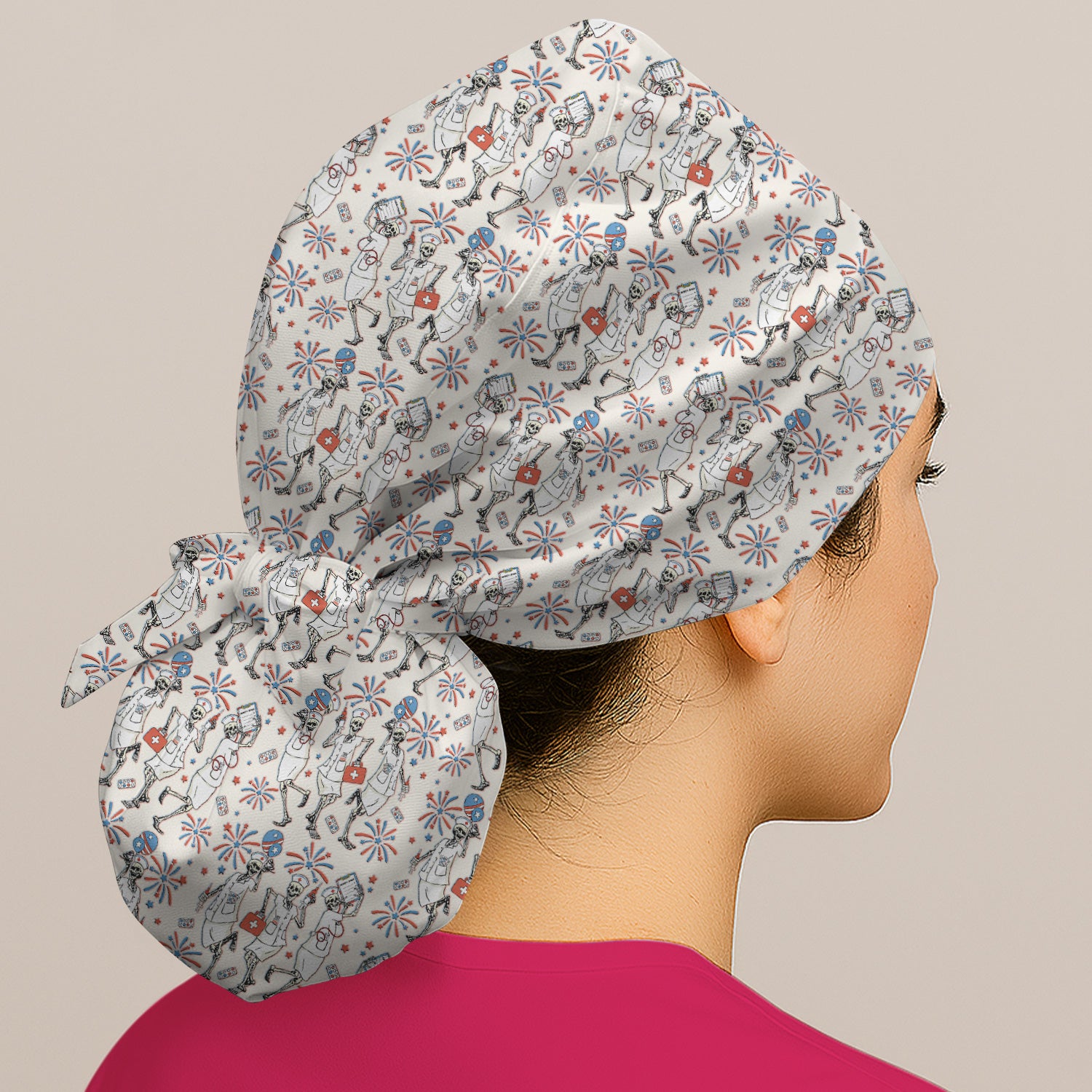 Funny Skeleton Nurse Patriotic Print Cap, Bouffant Scrub Caps for Women