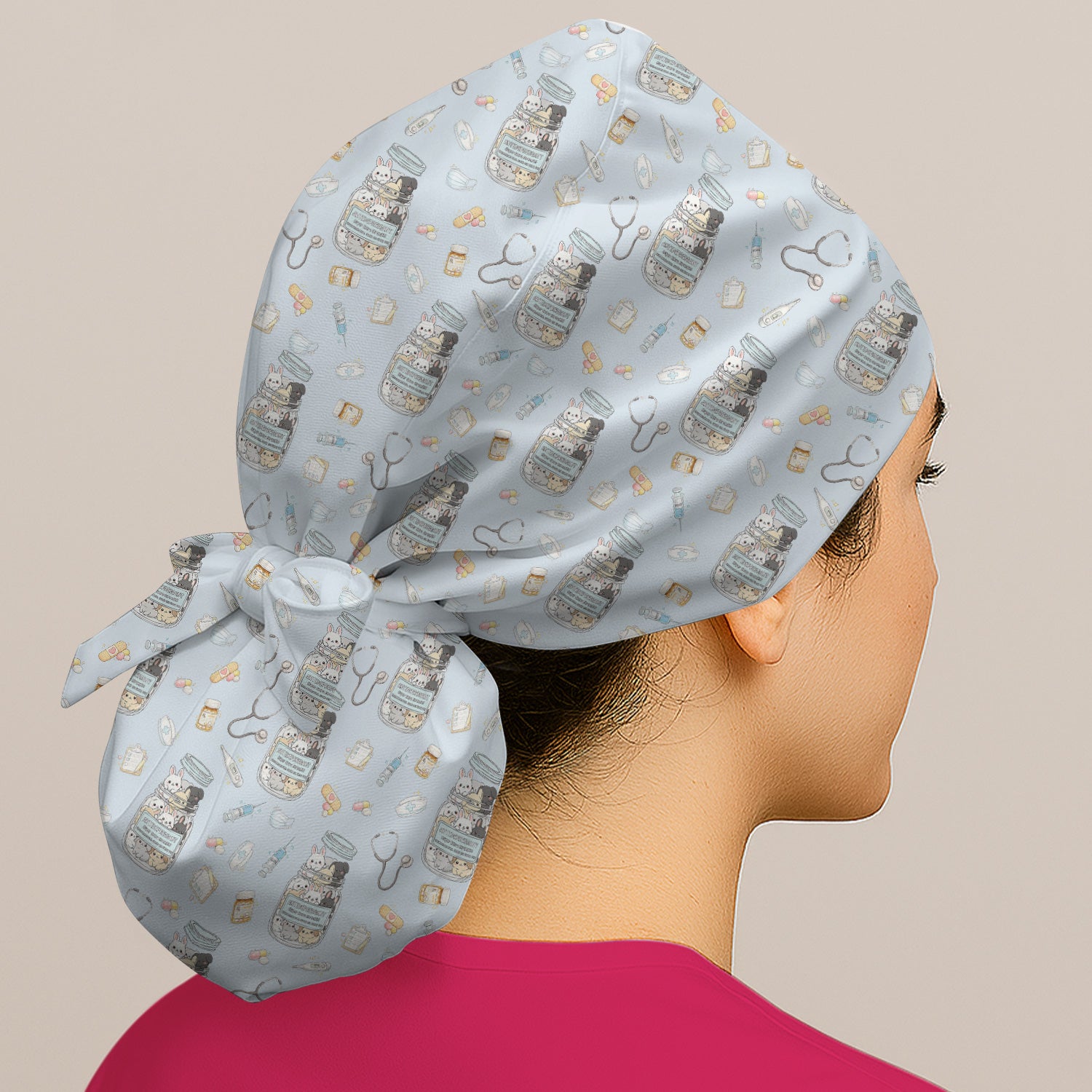 Whimsical Antidepressant Rabbit Jar Design Scrub Cap, Breathable Fabric Uniform Cap