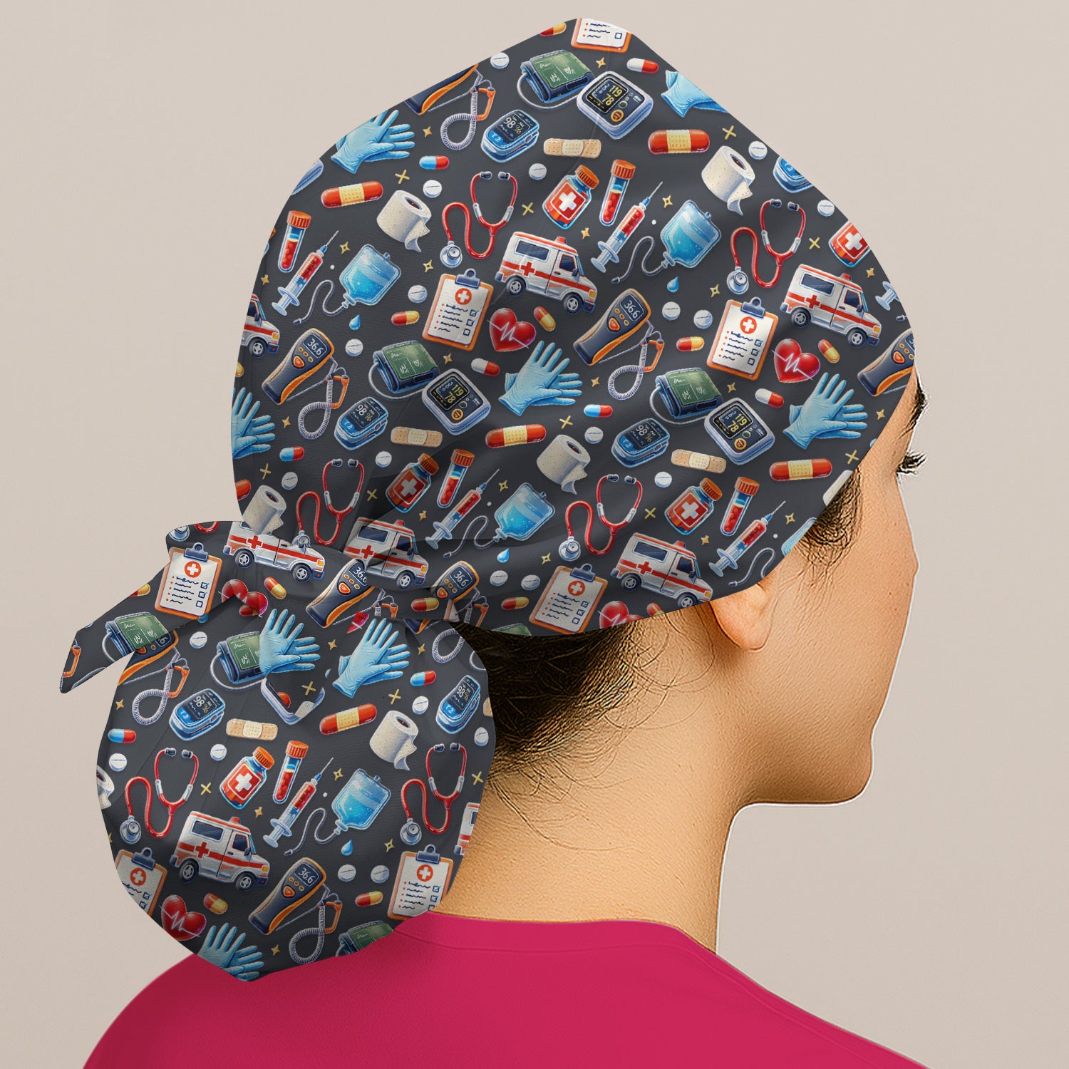 Medical Tools Pattern Ambulance Stethoscope Scrub Cap, Surgical Caps for Doctors