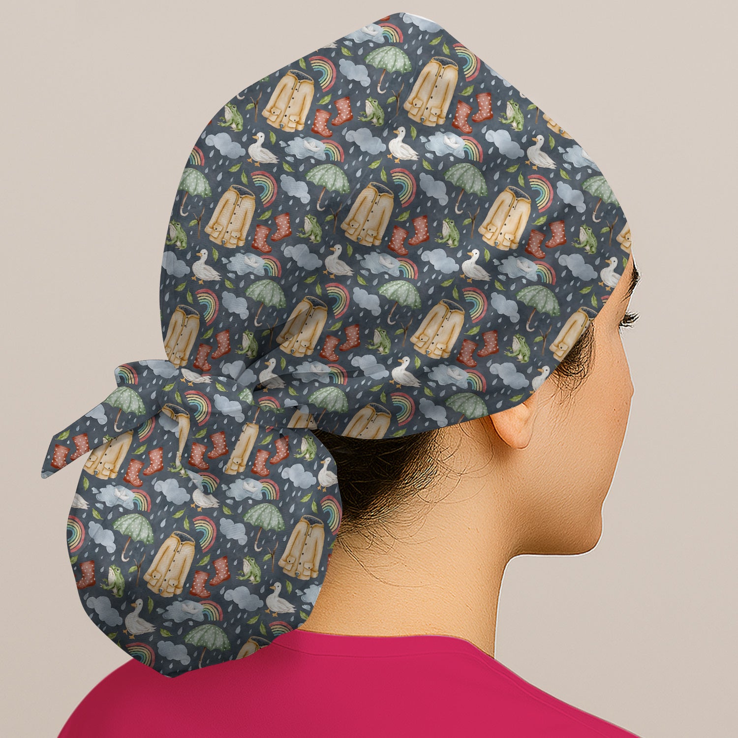 Cute Rainy Day Ducks & Frog Rainbow Pattern Scrub Cap, Surgical Caps for Doctors