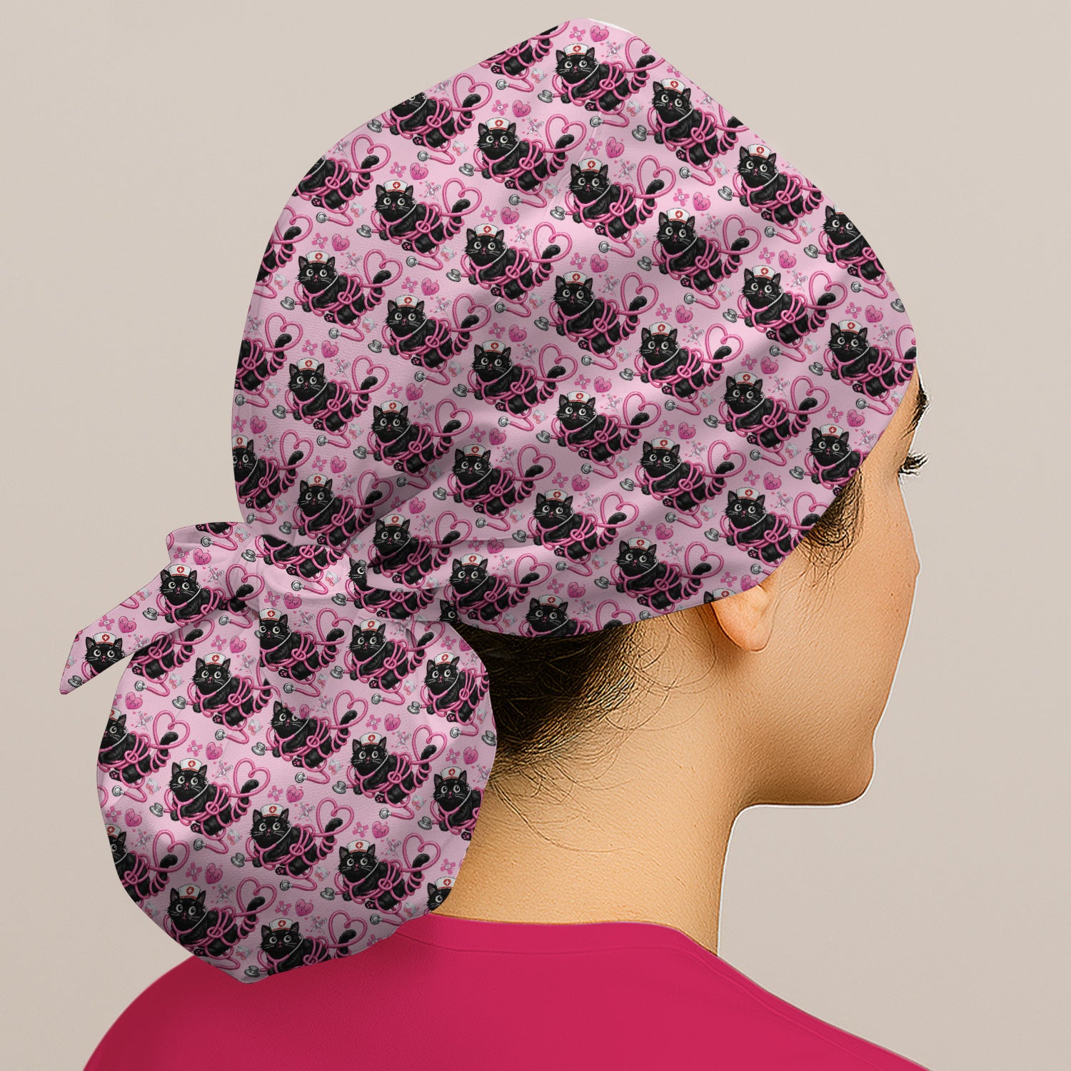 Valentine Cute Cat Nurse Heart Print Scrub Cap, Surgical Caps for Doctors