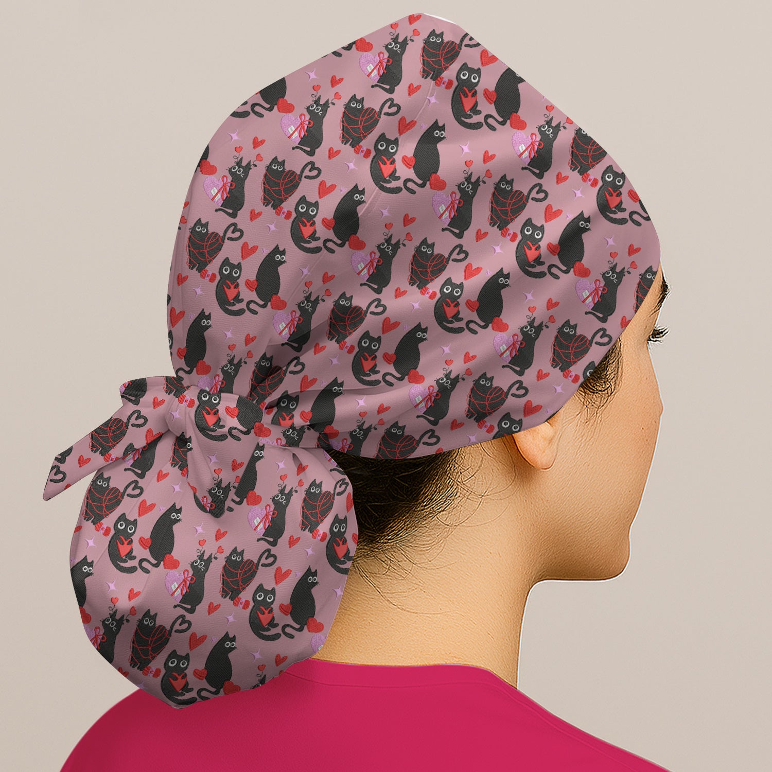Valentine’s Day Scrub Cap, Cute Black Cat With Heart Pattern Nurse Hat, Breathable Fabrics Nursing Uniform
