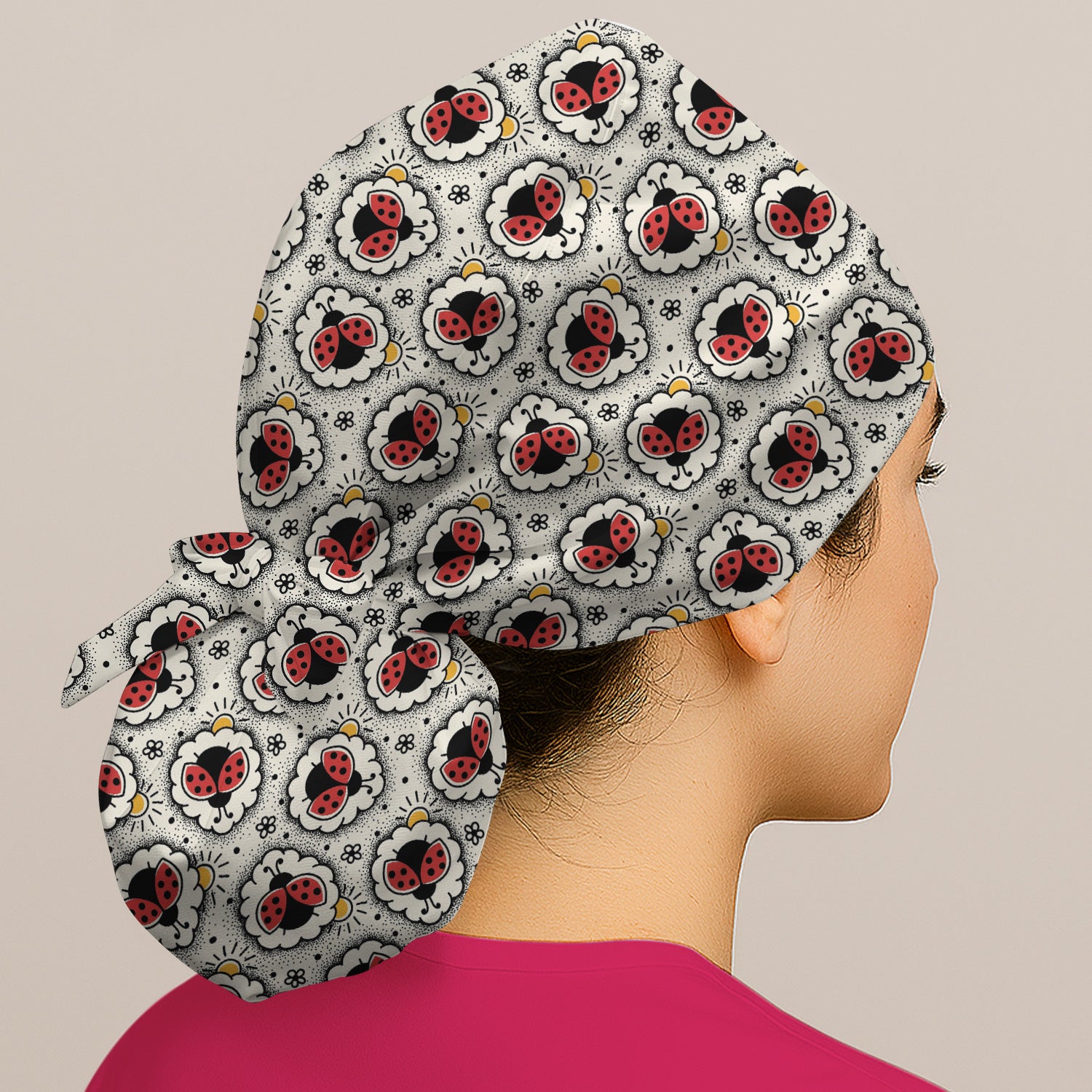 Cute Ladybug in Floral Frame Pattern Scrub Cap, Surgical Caps for Doctors