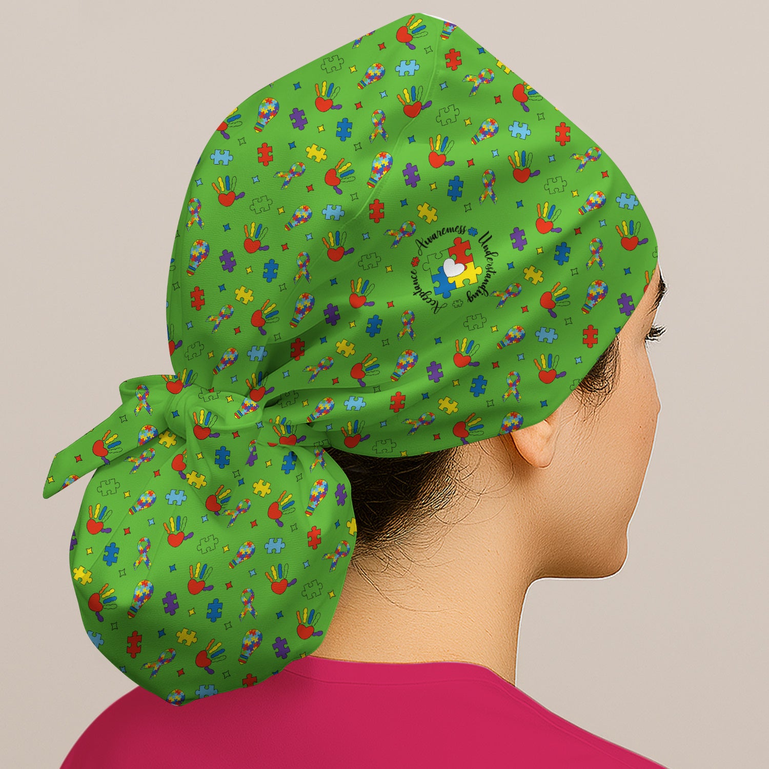 Autism Awareness Colorful Puzzle Pattern Print Cap, Bouffant Scrub Caps for Women