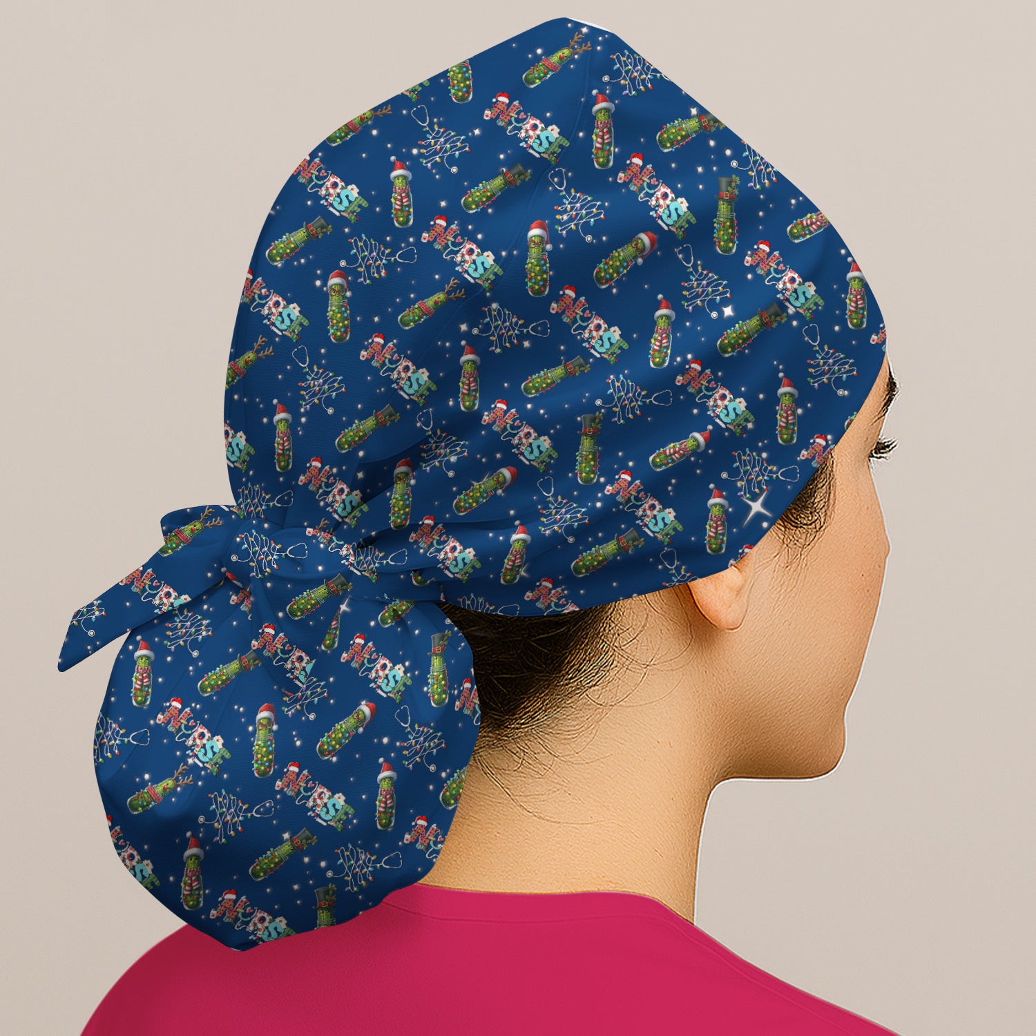 Christmas Nurse Scrub Cap with Buttons - Funny Pickle Holiday Surgical Hat for Women - Medical Bouffant Cap Long Hair