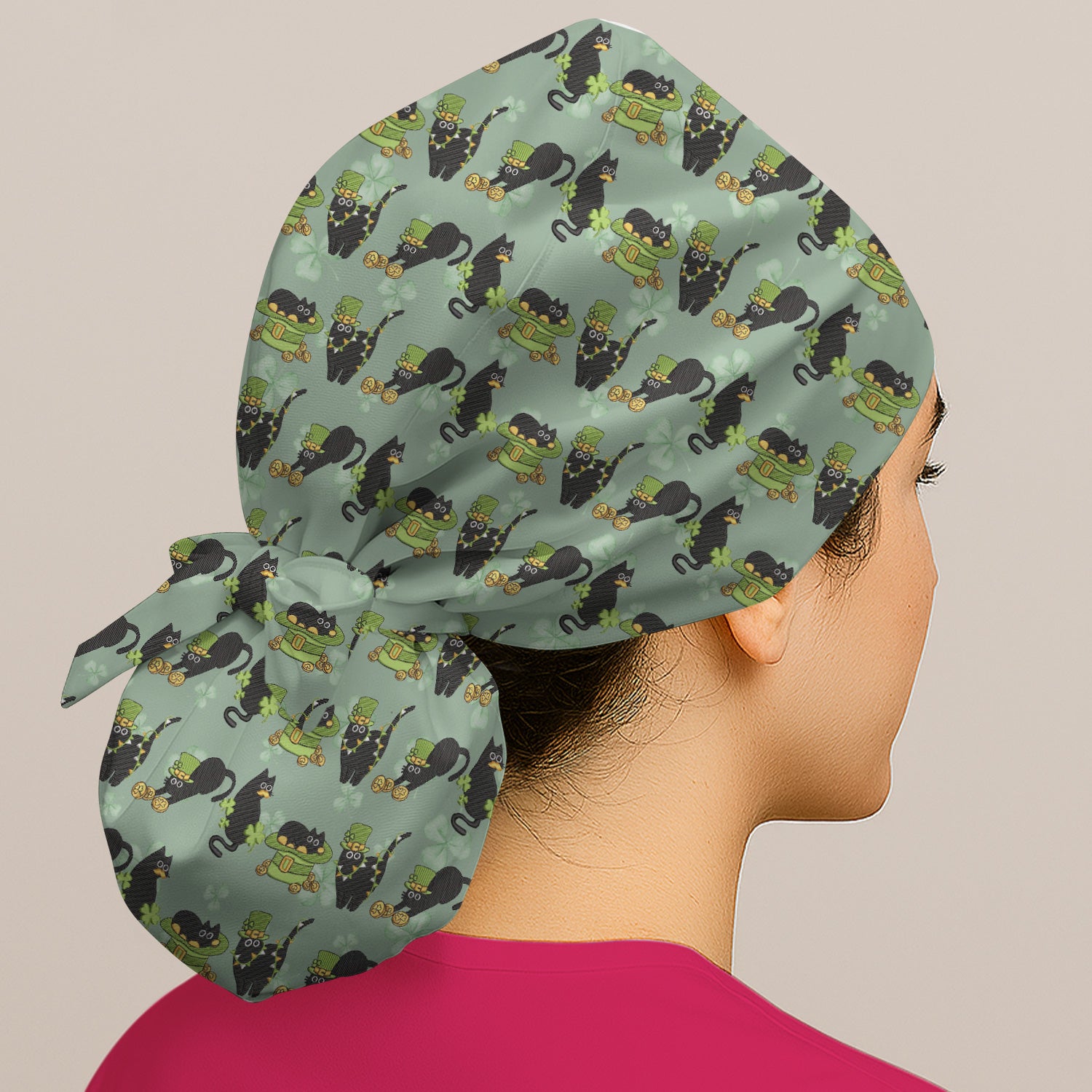 St. Patrick Black Cat Clover Print Scrub Cap, Bouffant Scrub Caps for Women