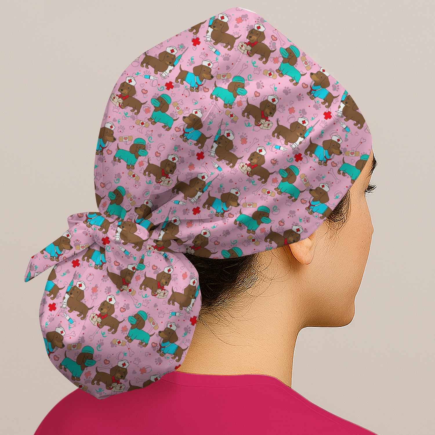 Cute Wiener Dog Dachshund Nurse Scrub Cap, Funny Dachshund Dog Scrubs Hat, Breathable Fabrics Nursing Uniform