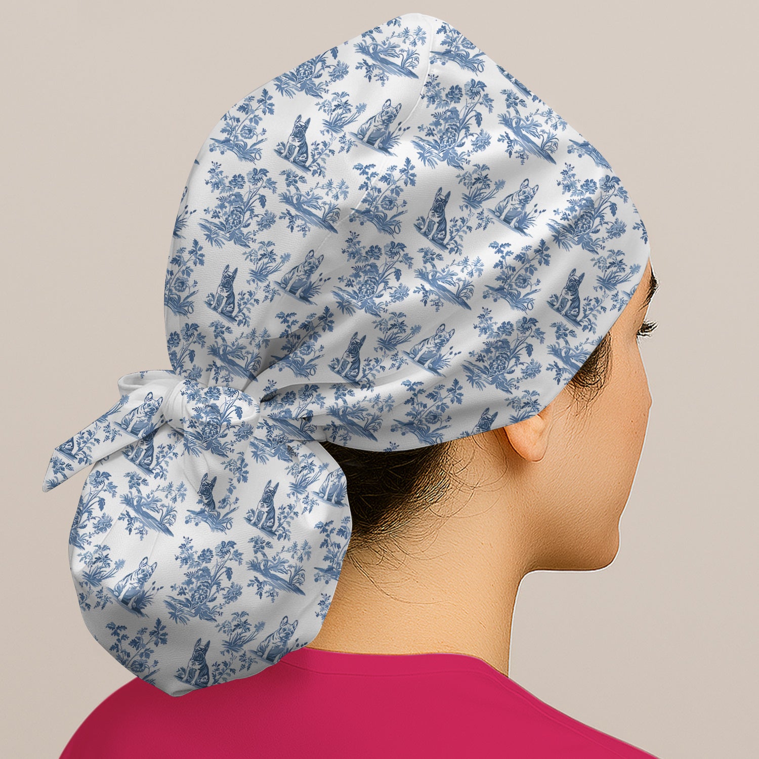 German Shepherd Toile De Jouy Scrub Cap, Vintage Dog Pattern Nurse Scrub Hat, Cute Vet Tech Uniform