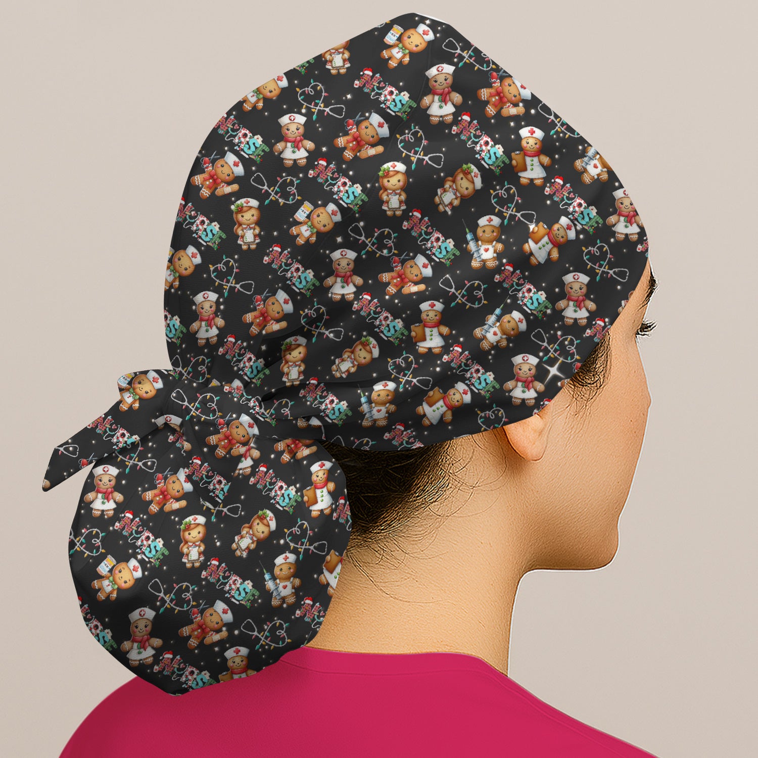 Nurse Scrub Cap with Buttons for Women - Christmas Surgical Hats Cute Gingerbread Design - Medical Bouffant Cap Long Hair