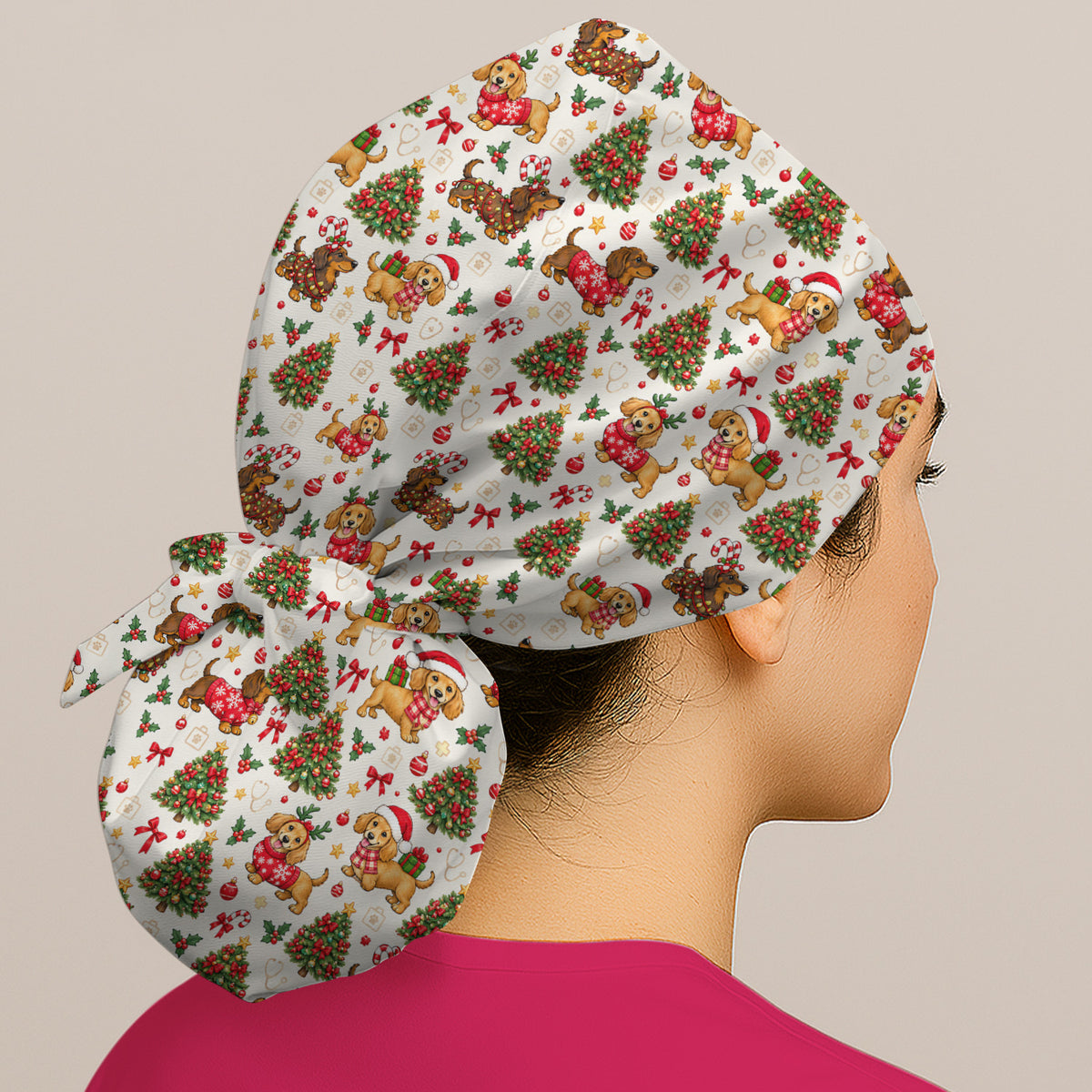 Cute Christmas Dachshund And Tree Pattern Scrub Cap, Surgical Caps for Nurses