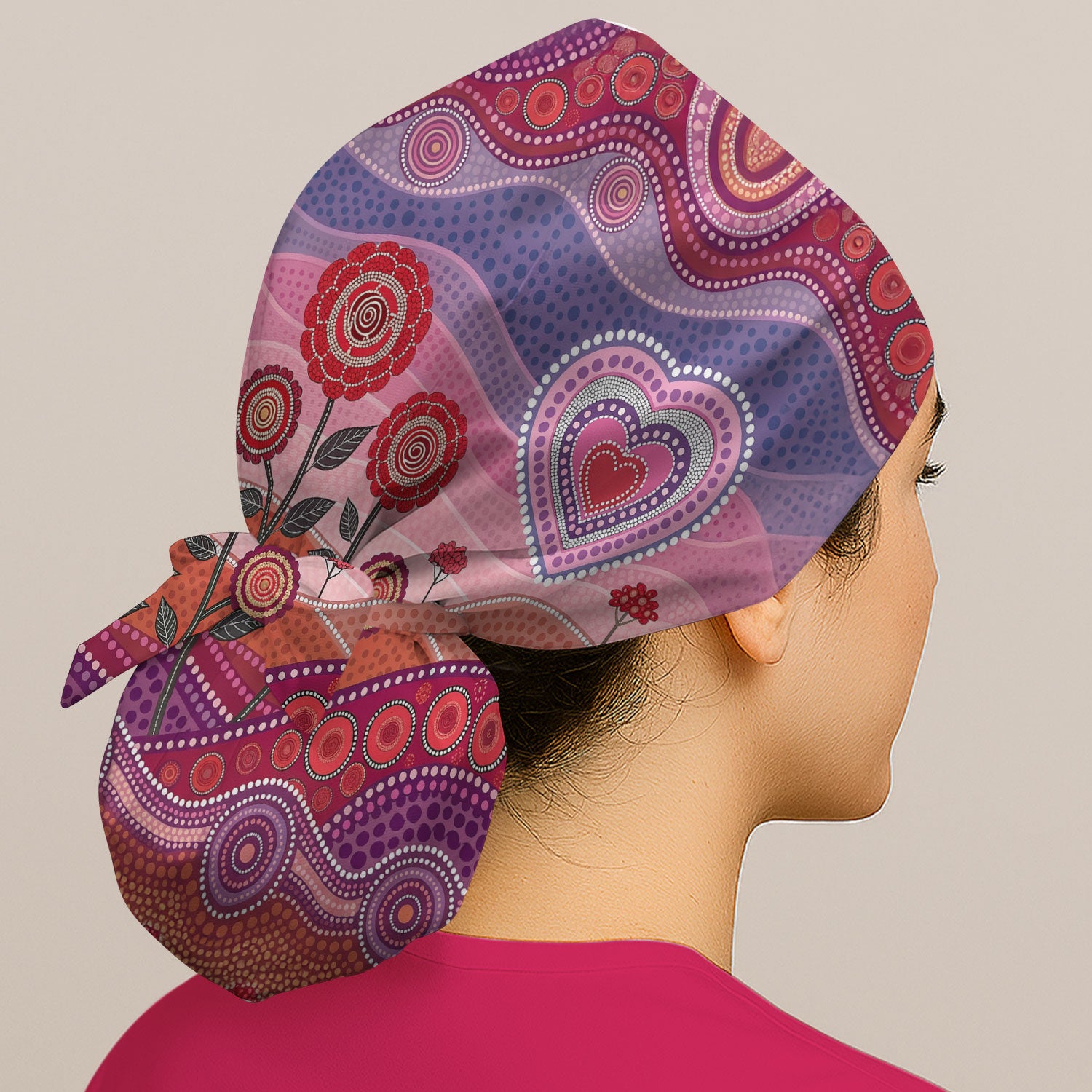 Boho Dot Art Valentine Scrub Cap, Artistic Heart Pattern Nurse Hat, Comfortable Scrubs For Nursing