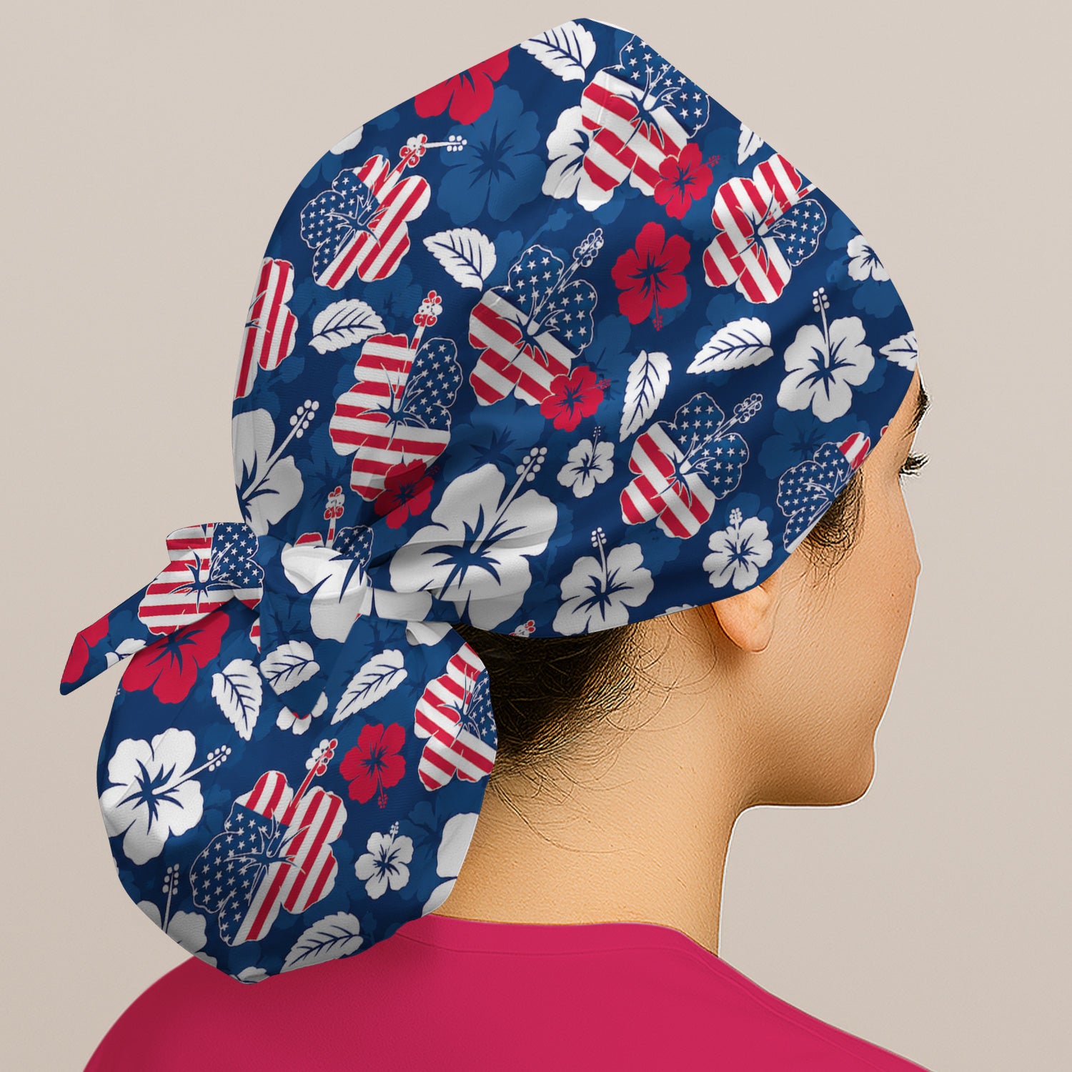 Patriotic Hibiscus Flag Floral Print Scrub Cap, Surgical Caps for Doctors