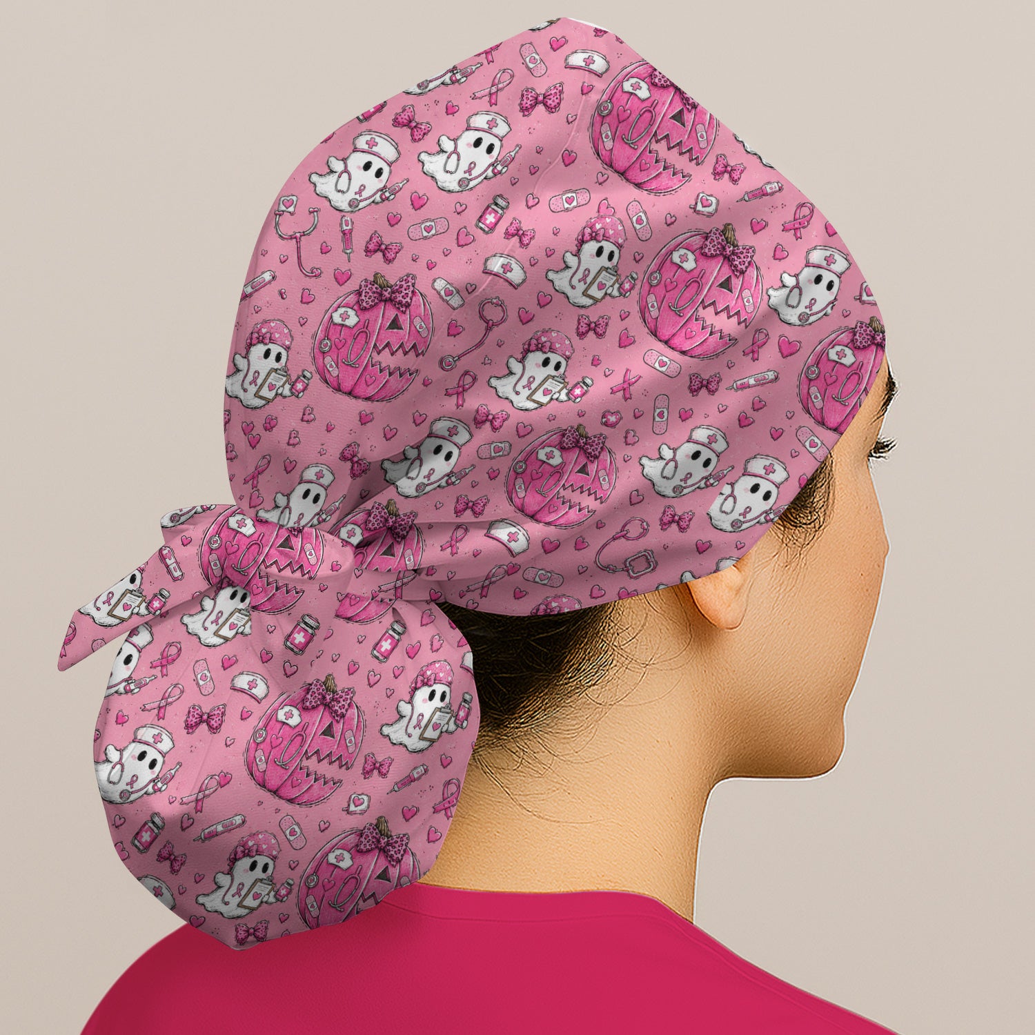 Pink Ribbon Ghost Pattern Scrub Cap, Surgical Caps for Doctors