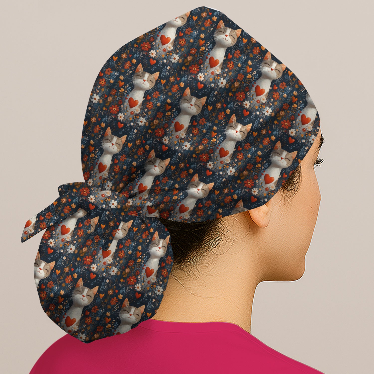 Cat Heart Floral Garden Pattern Scrub Cap, Surgical Caps for Doctors