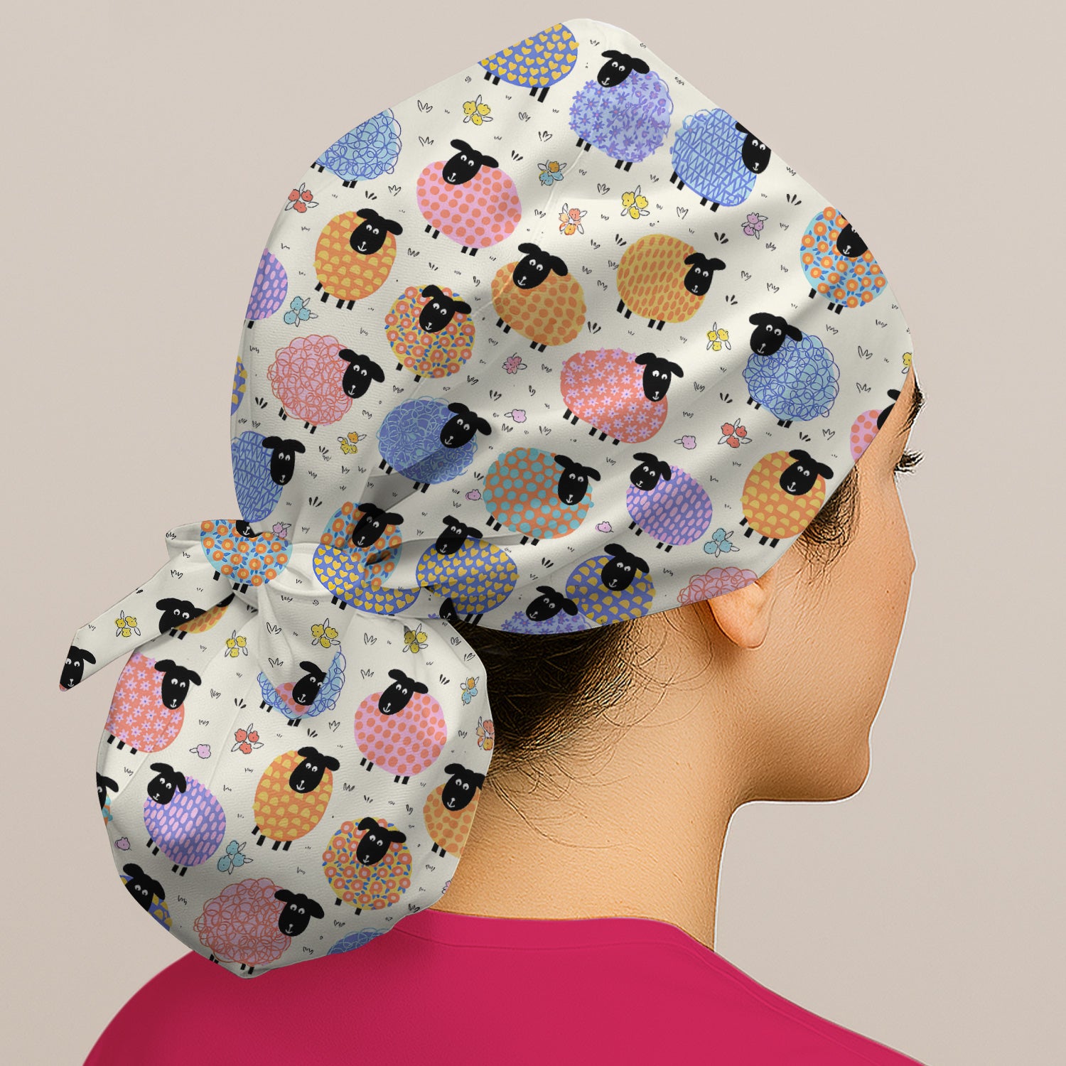Funny Colorful Sheep Pattern Cap, Bouffant Scrub Caps for Women