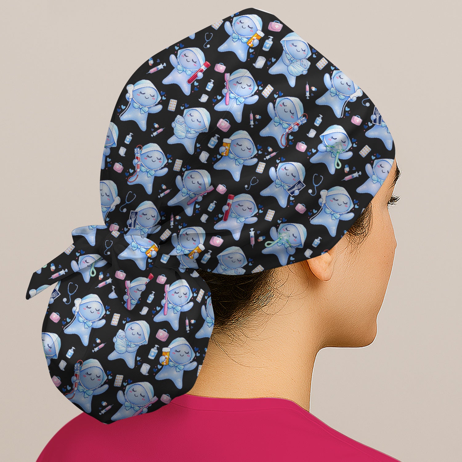 Cute Tooth Character Dental Tools Caring Pattern Scrub Cap, Surgical Caps for Doctors