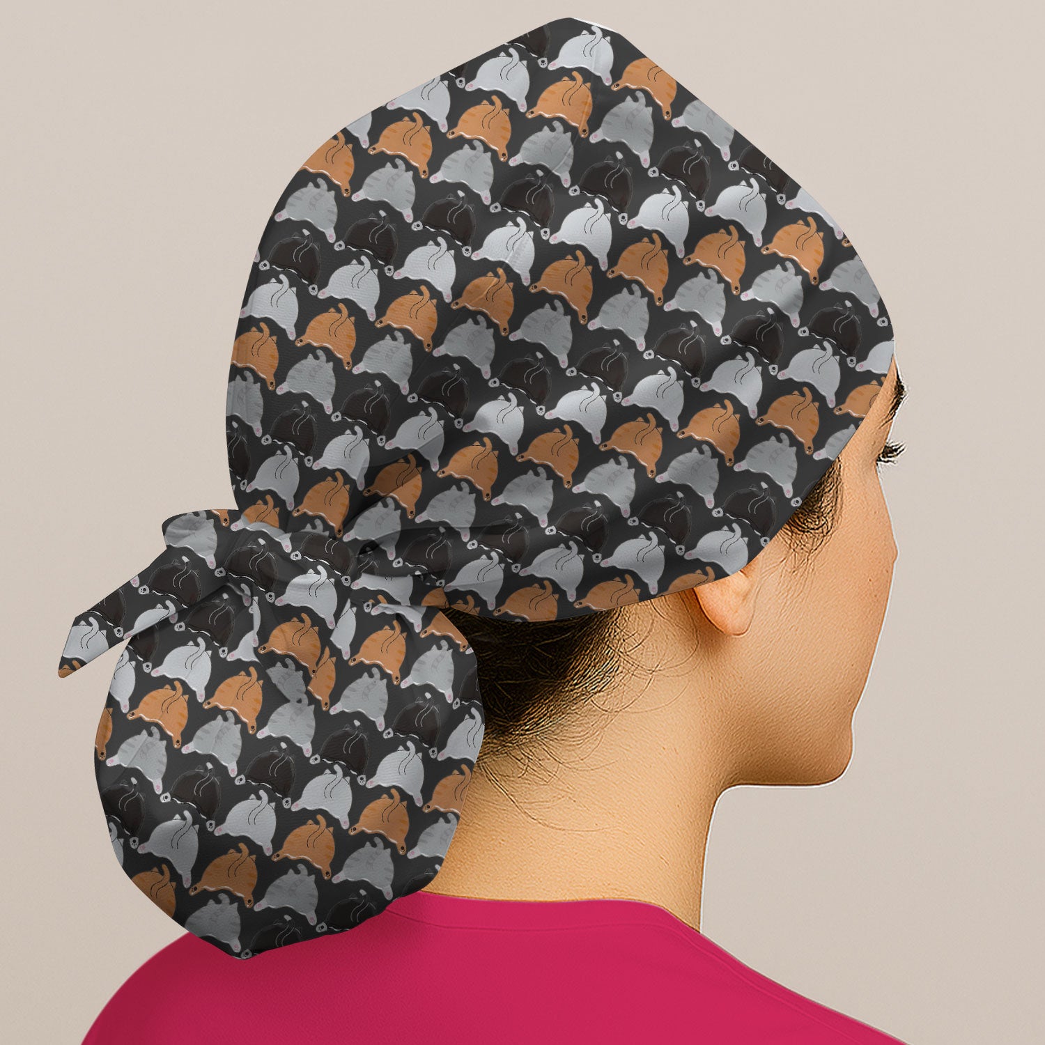 Playful Multicolor Cat Print Scrub Cap, Breathable Fabrics Caps Uniform