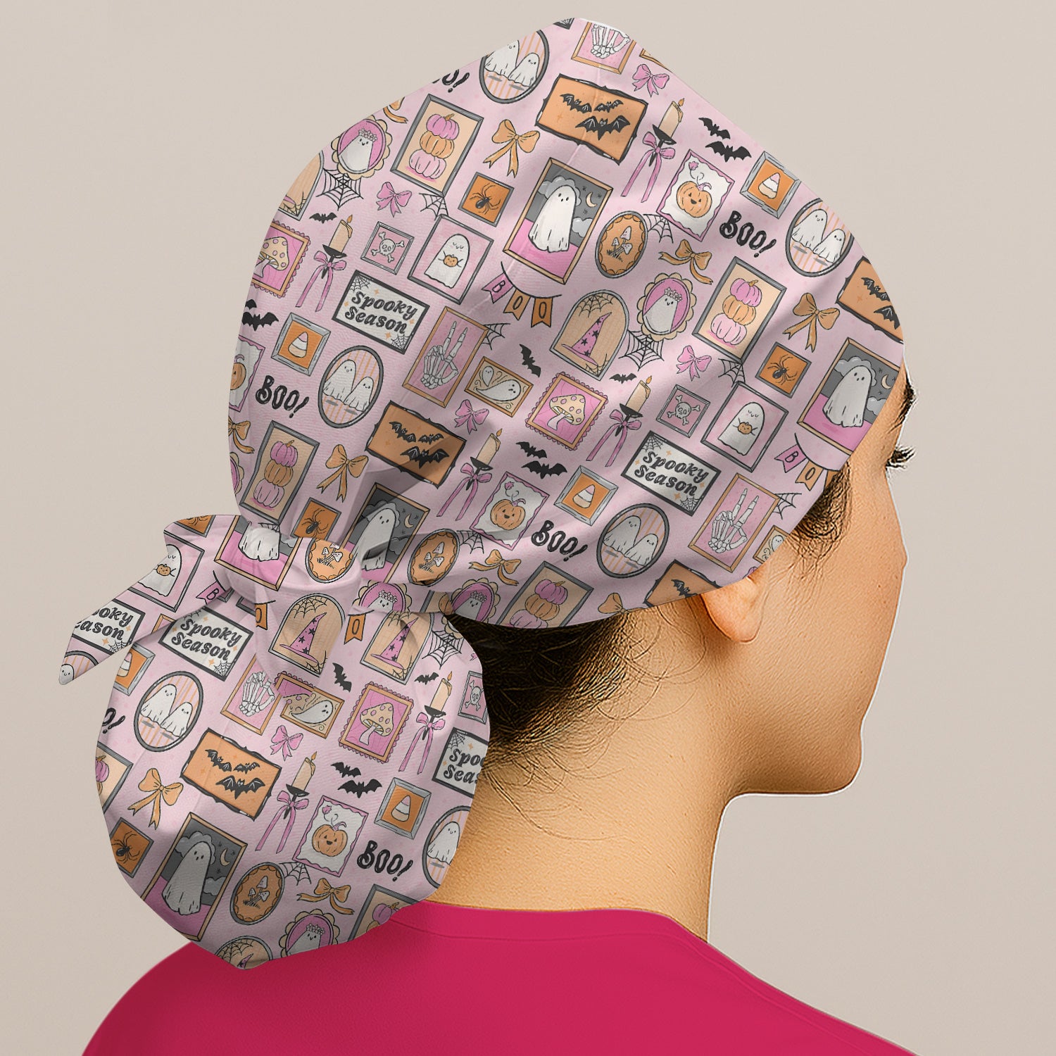 Pink Halloween Ghost Gallery Print Scrub Cap, Surgical Caps for Doctors