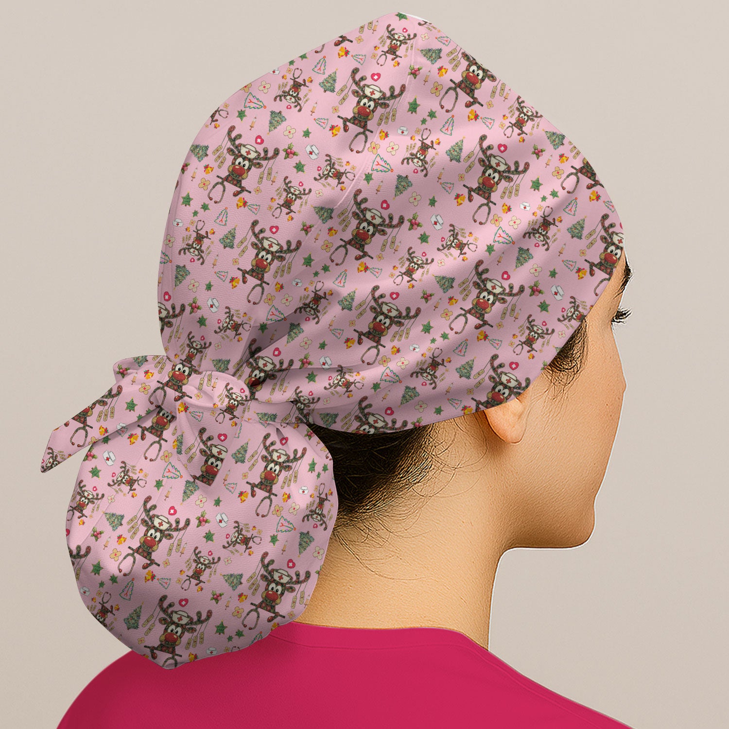 Reindeer Christmas Bouffant Scrub Caps for Women - Funny Holiday Caps - Breathable Fabrics Caps Uniform