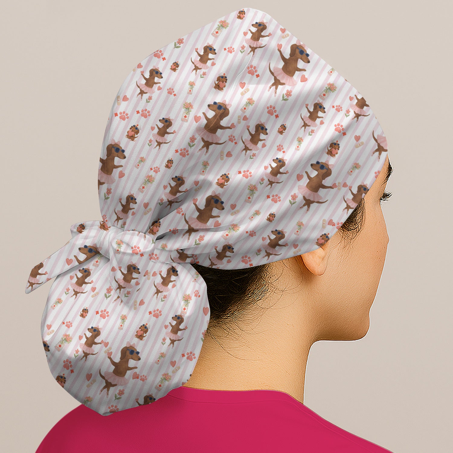 Cute Dachshund Dog Ballet Tutu Hearts Pattern Scrub Cap, Bouffant Scrub Caps for Women