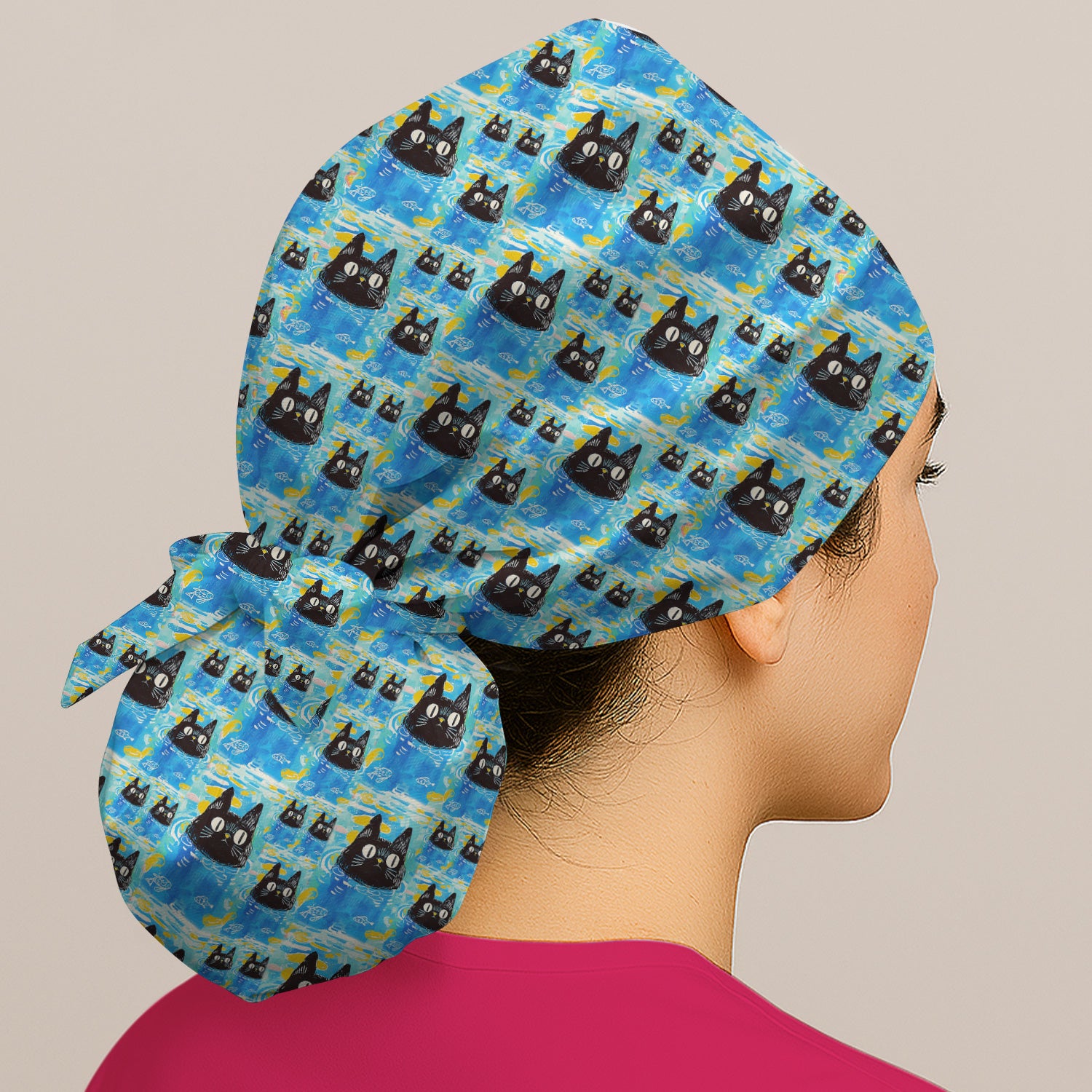Black Cat Swimming In Blue Water Pattern Scrub Cap, Surgical Caps for Doctors