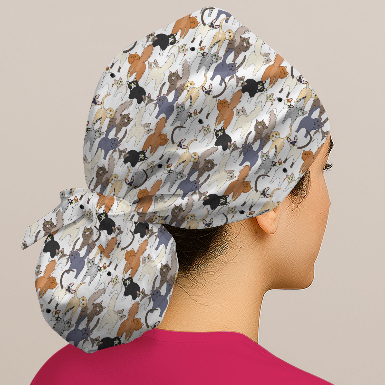 Whimsical Multicolor Cat Cartoon Pattern Cap, Bouffant Scrub Caps for Women