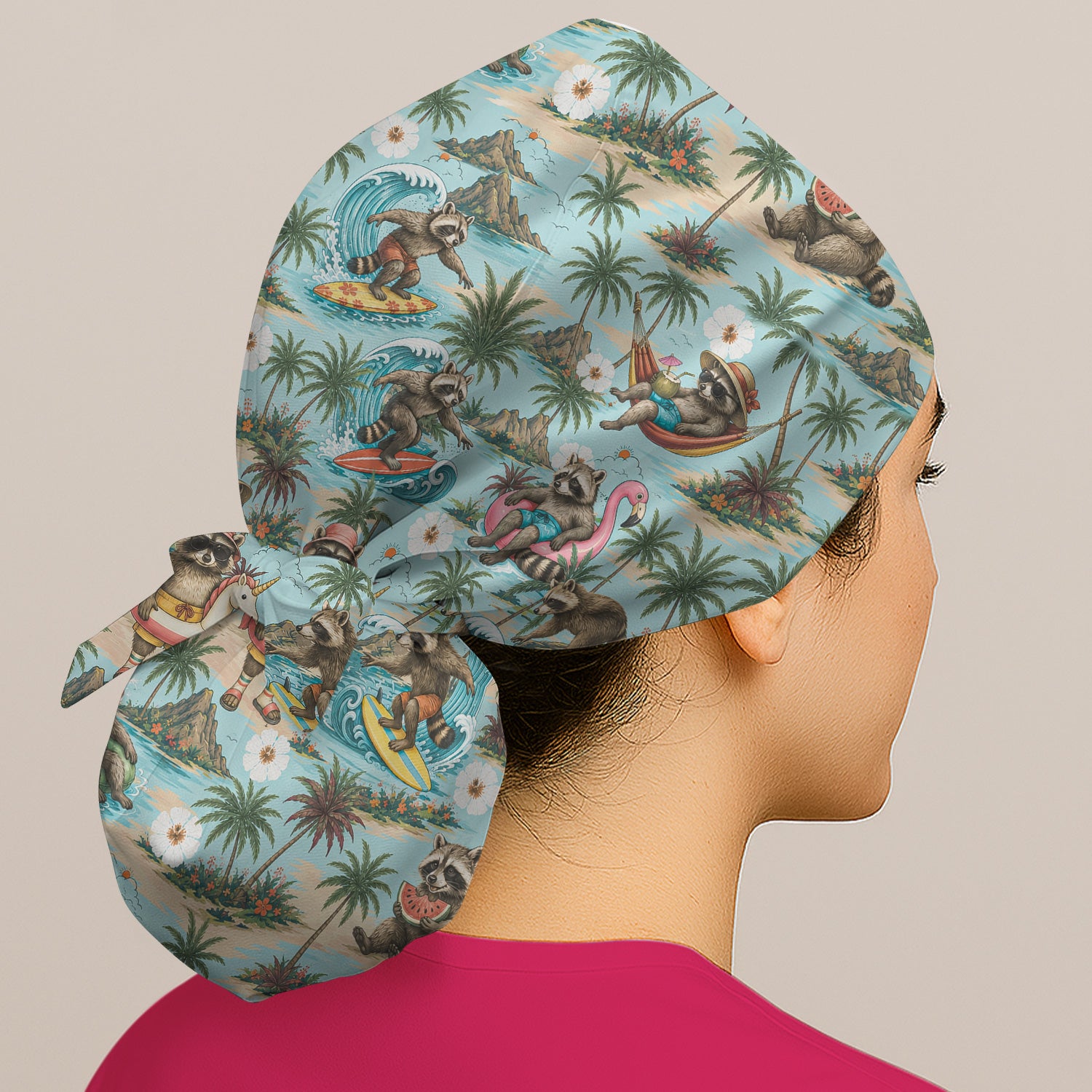 Tropical Raccoon with Surfing Island Beach Print Scrub Cap, Surgical Caps for Doctors