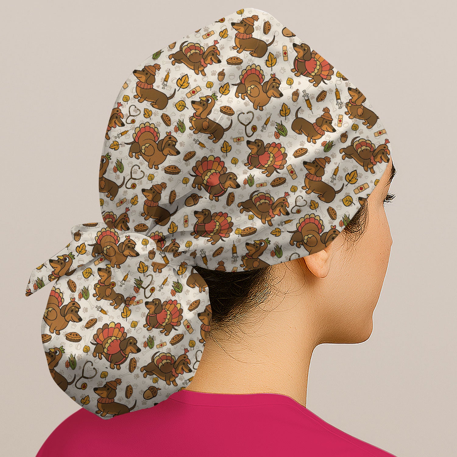 Thanksgiving Wiener Dog Bouffant Scrub Caps for Women - Funny Dachshund Turkey Holiday Nursing Gift - Breathable Fabrics Caps