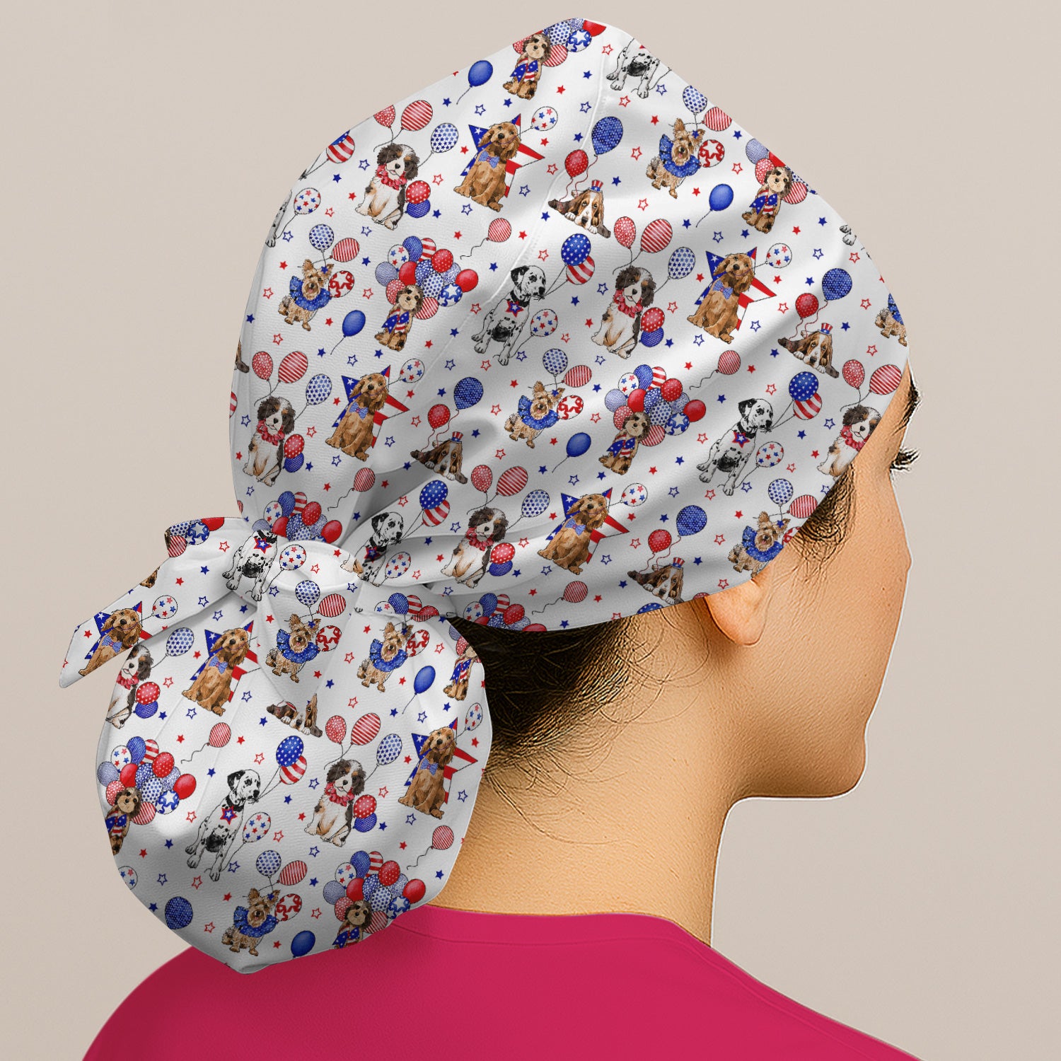 Patriotic Dogs With USA Flag Balloons Pattern Scrub Cap, Surgical Caps for Doctors