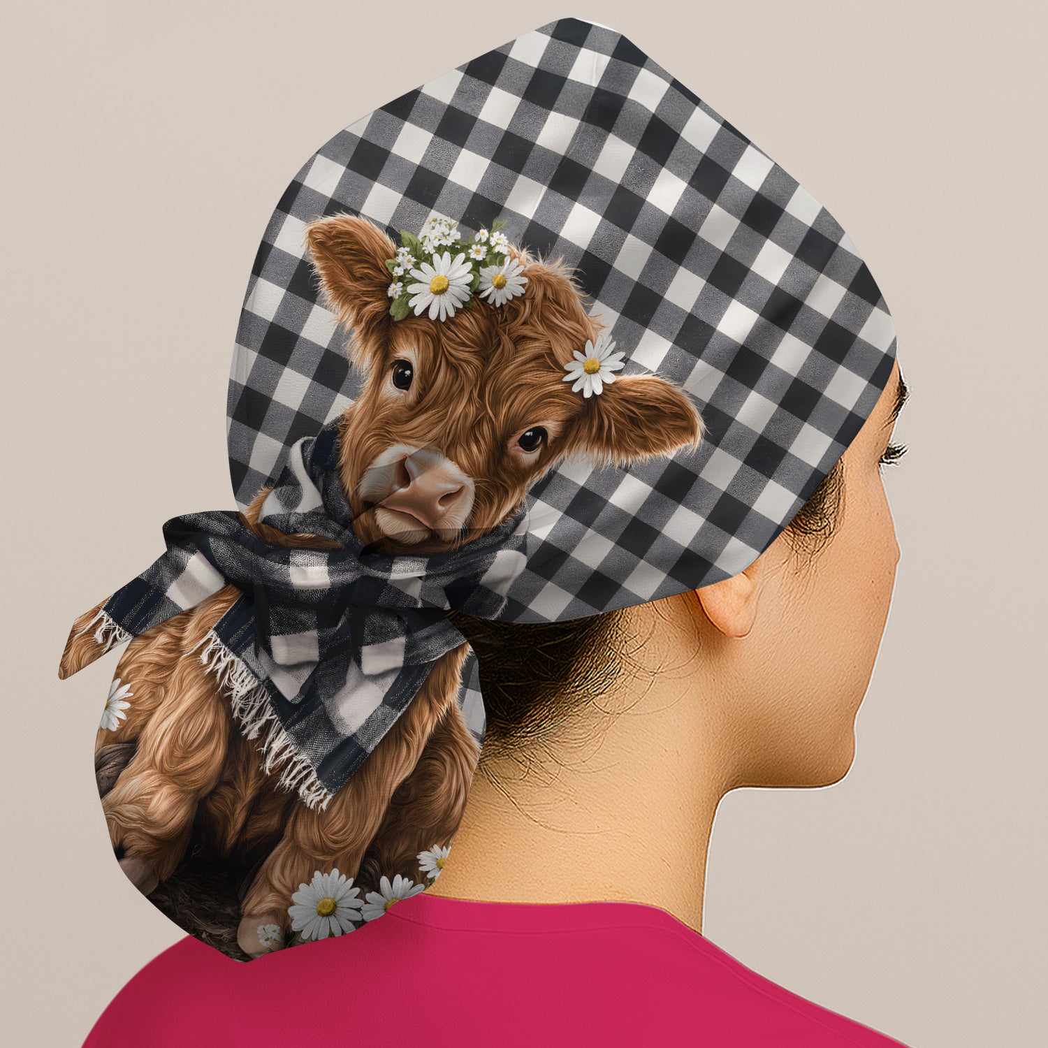 Highland Cow Daisy Pattern Scrub Cap, Surgical Caps for Doctors