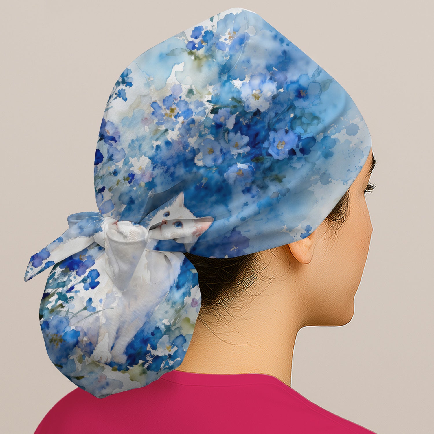 Adorable Blue Floral White Cat Pattern Scrub Cap, Surgical Caps for Doctors
