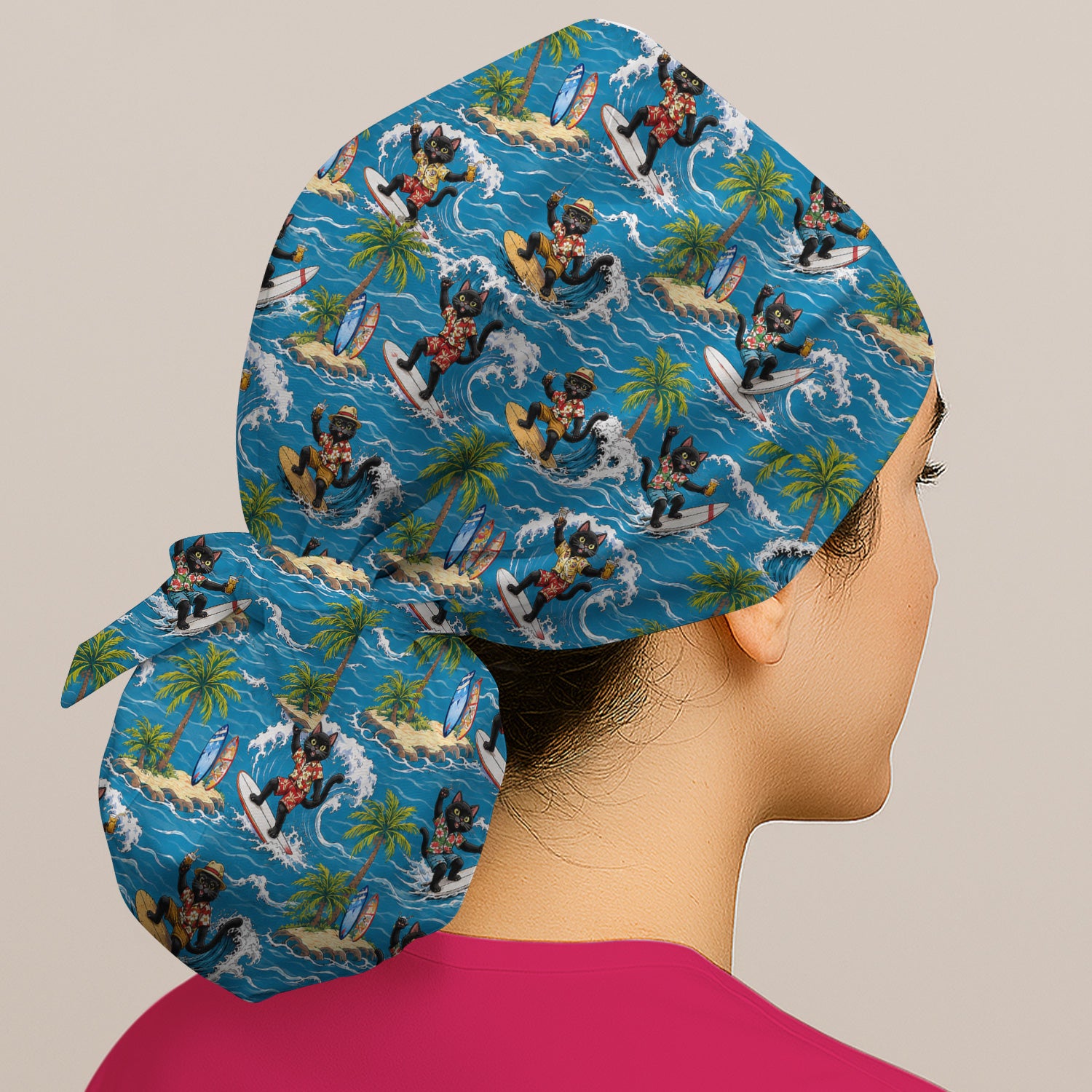 Tropical Black Cat Surfer Island Pattern Scrub Cap, Surgical Caps for Doctors
