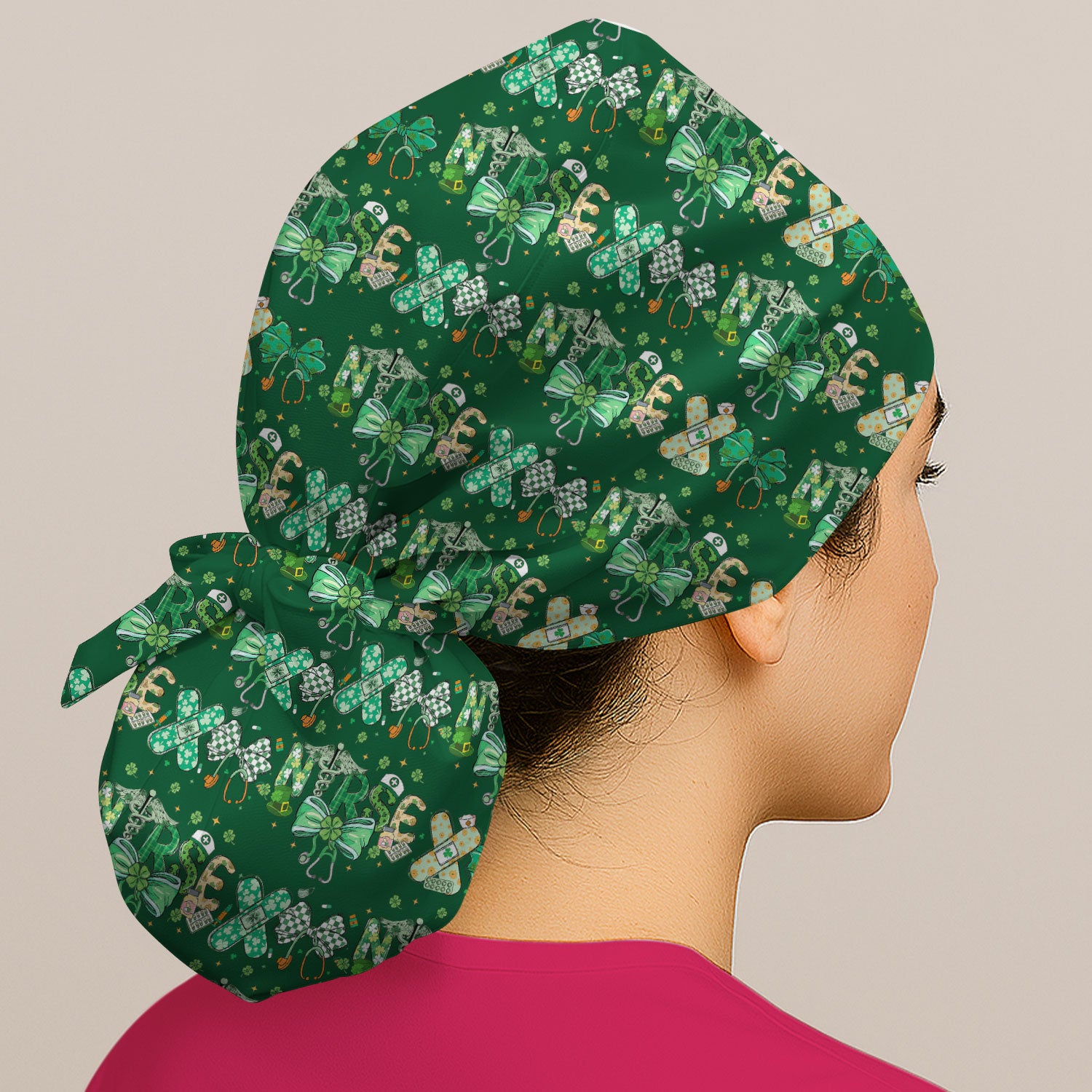 St. Patrick’s Nurse Scrub Cap, Lucky Clover And Green Bow Pattern Nurse Hat, Breathable Fabrics Nursing Uniform